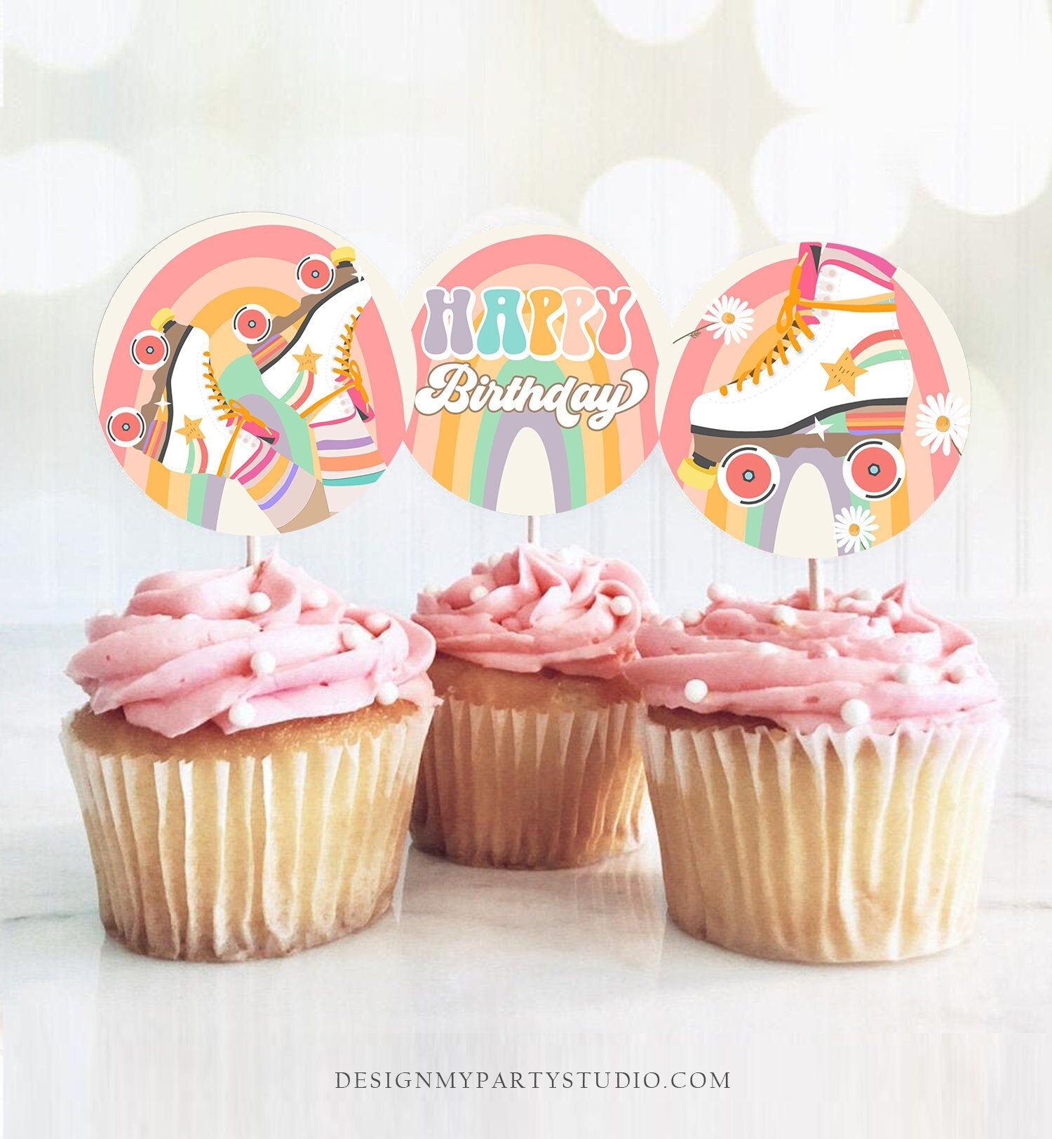 Roller Skate Cupcake Toppers Skate Birthday Favor Tag Retro Daisy Roller Rink Party Decor Sticker Skating Digital Download Printable 0435