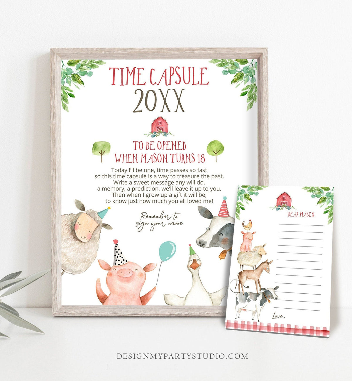 Editable Farm Animals Time Capsule First Birthday Party Animals Barnyard Barn 1st Boy Red Decor Digital Download Template Printable 0155