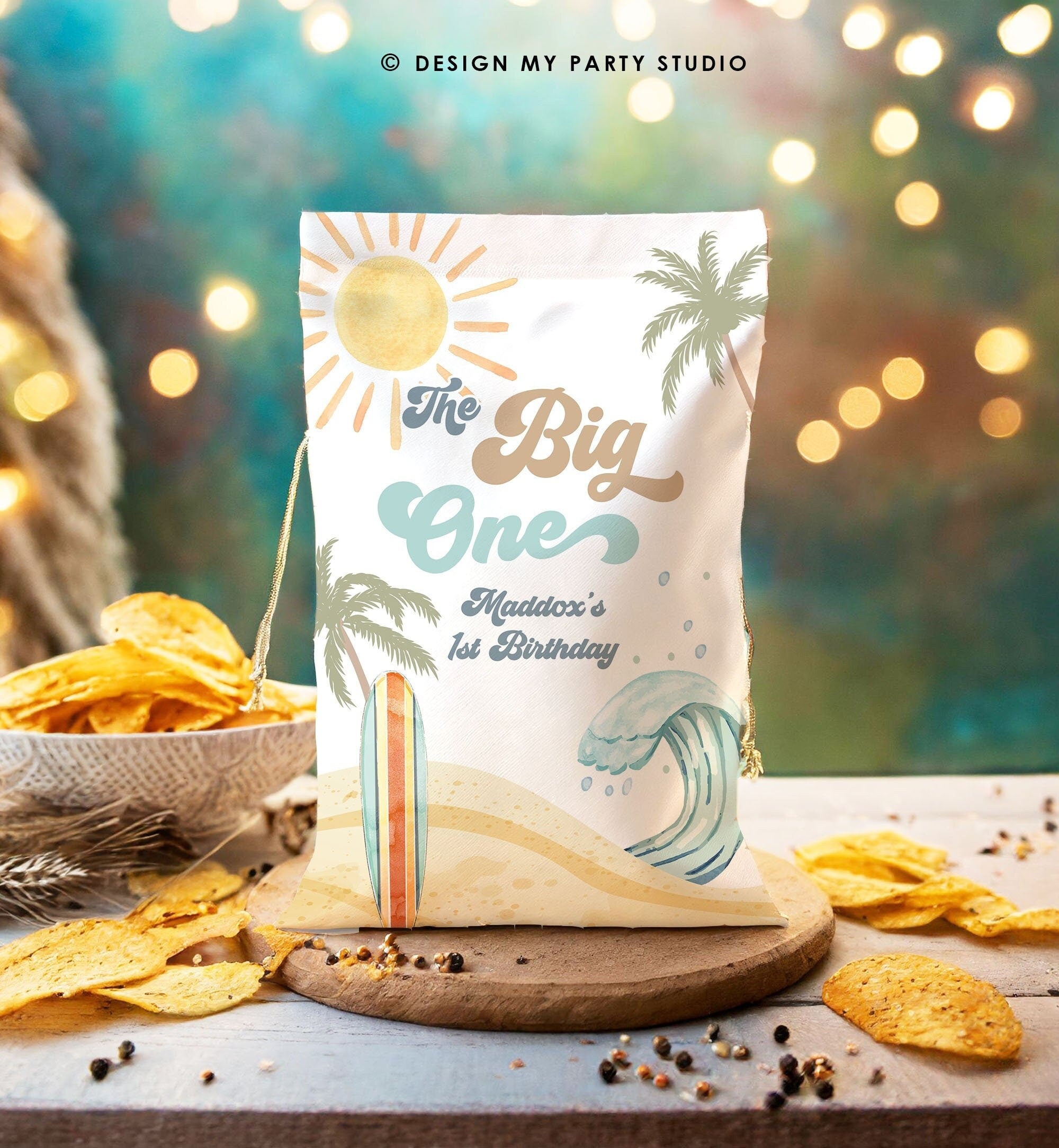 Editable Surf Party Chip Bag The Big One First Birthday Boy Surfing Surfboard Retro Beach Party Favors Digital Template Printable 0433