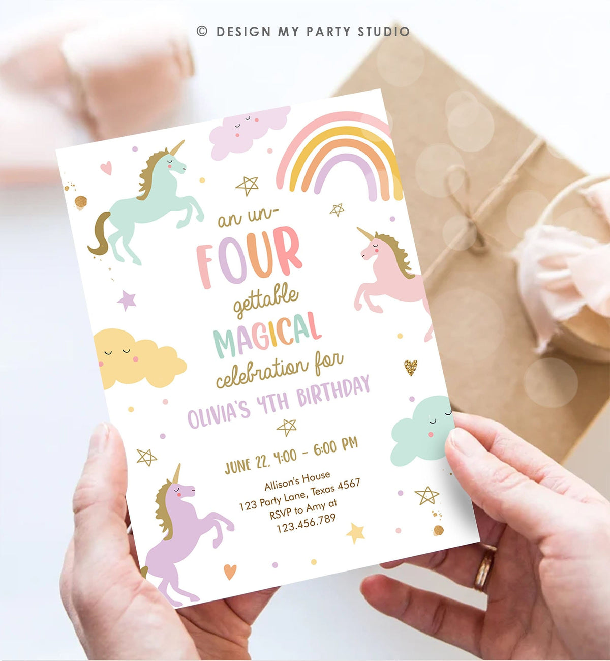 Editable Unicorn 4th Birthday Invitation Un Four Gettable Party Girl Pastel Fourth Rainbow Digital Download Evite Template Printable 0426
