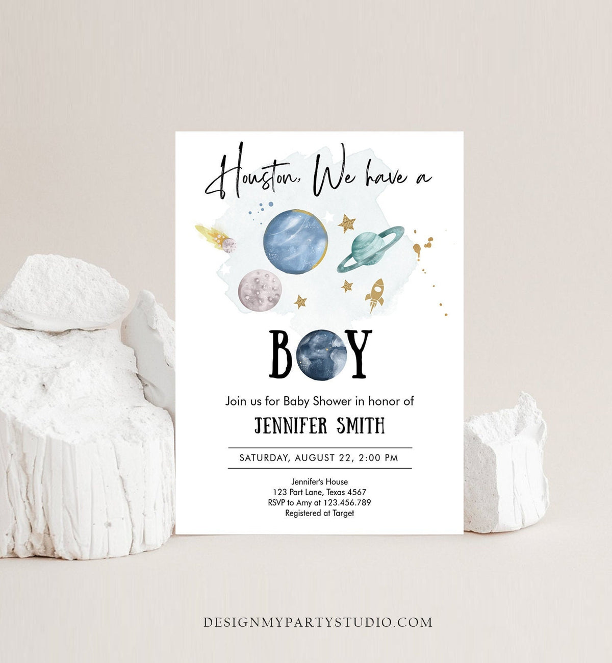 Editable Space Baby Shower Invitation Galaxy Outer Space It&#39;s a Boy Blue Planets Moon Houston Digital Download Evite Template Printable 0357