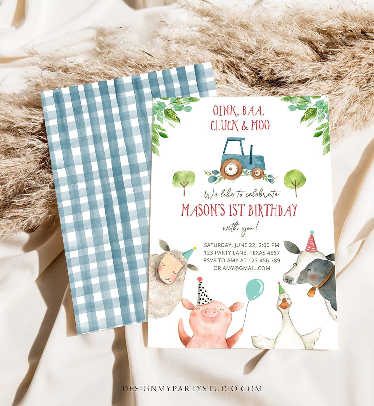 Editable Farm Animals Birthday Invitation Boy Fist 1st Party Animals Blue Tractor Barnyard Barn Digital Evite Template Printable 0155