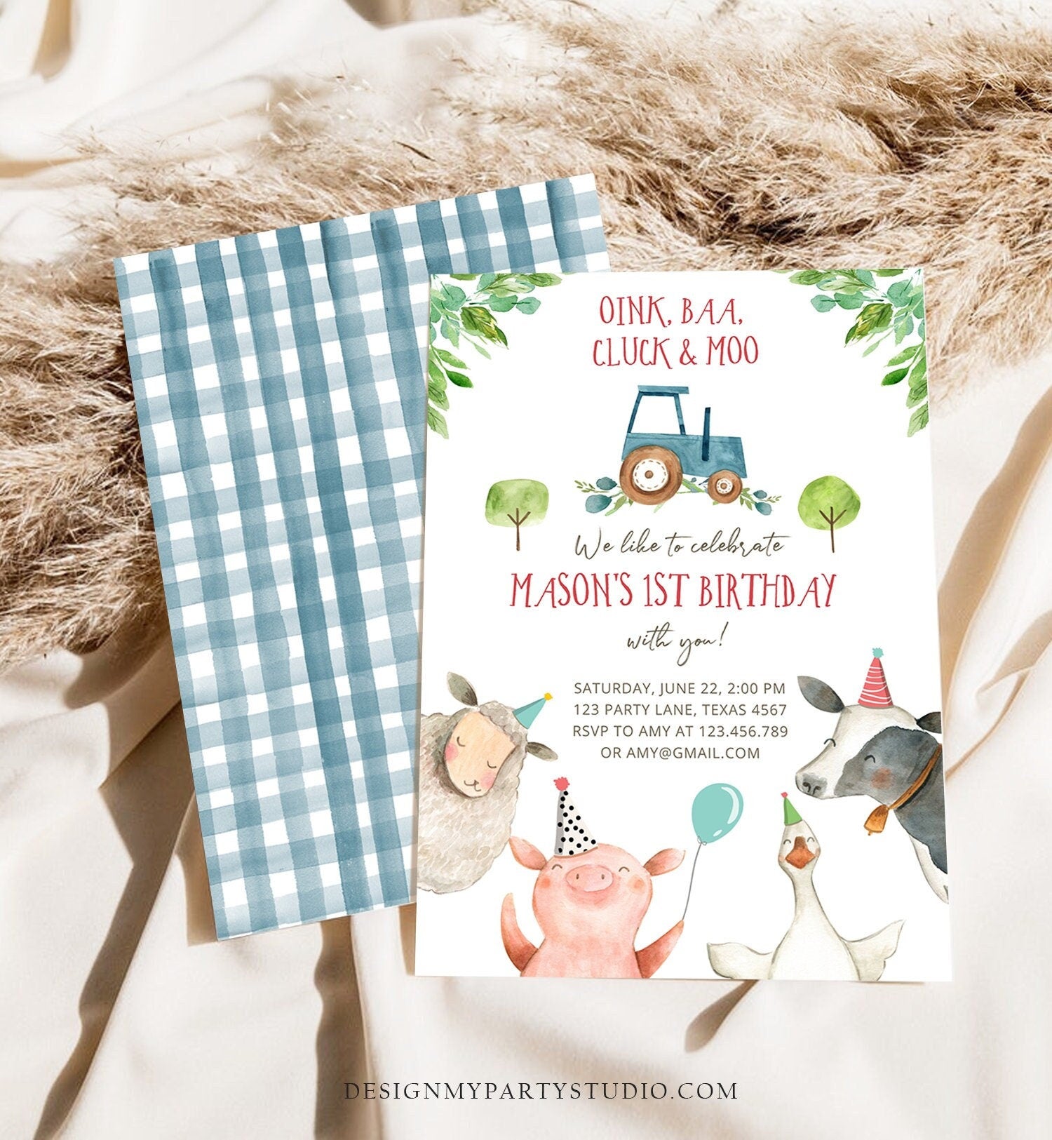 Editable Farm Animals Birthday Invitation Boy Fist 1st Party Animals Blue Tractor Barnyard Barn Digital Evite Template Printable 0155