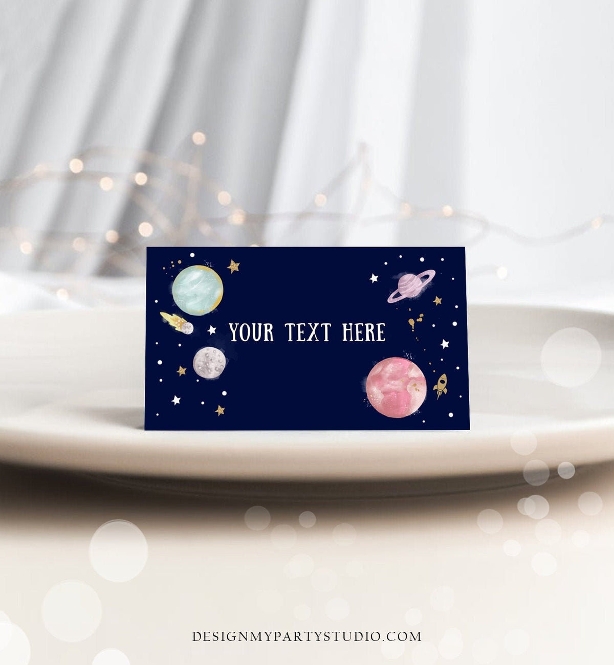 Editable Food Labels Outer Space Birthday Galaxy Food Labels Place Card Tent Card Escort Card Pink Girl Around the Sun Template Corjl 0357
