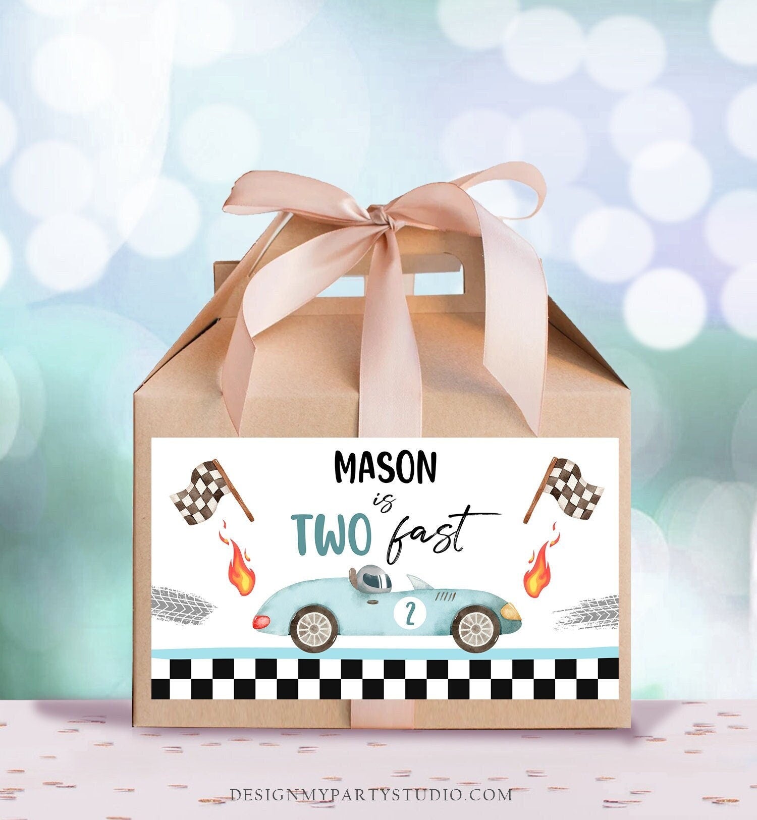 Editable Two Fast Gable Box Favor Label Race Car Birthday Favor Box Boy Racing Growing Up Two Fast Digital Download Template Printable 0424