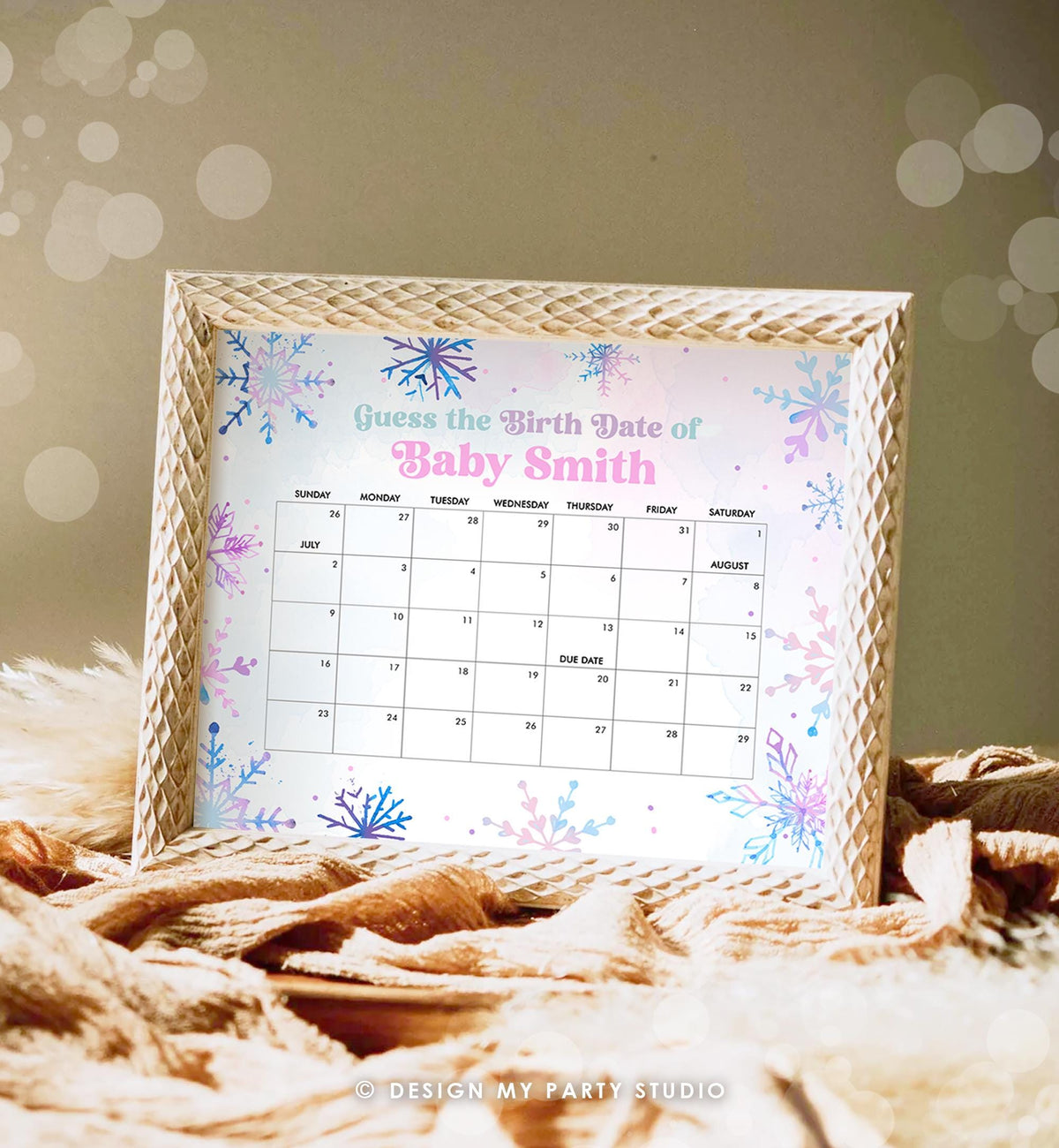 Editable Guess the Birth Date Baby Shower Game Guess Birthday Winter Wonderland Snowflakes Watercolor Pink Digital Template Printable 0518
