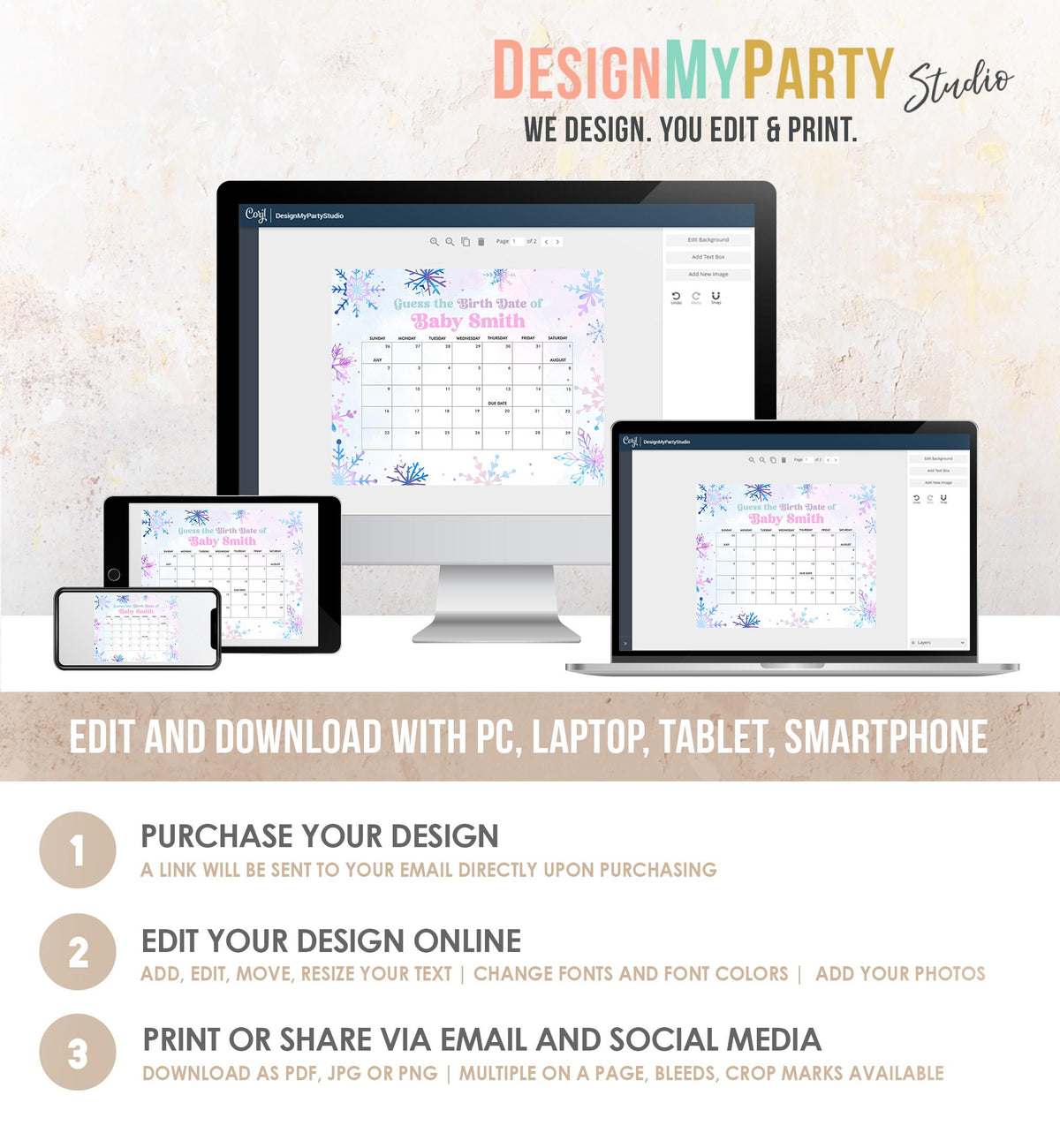 Editable Guess the Birth Date Baby Shower Game Guess Birthday Winter Wonderland Snowflakes Watercolor Pink Digital Template Printable 0518