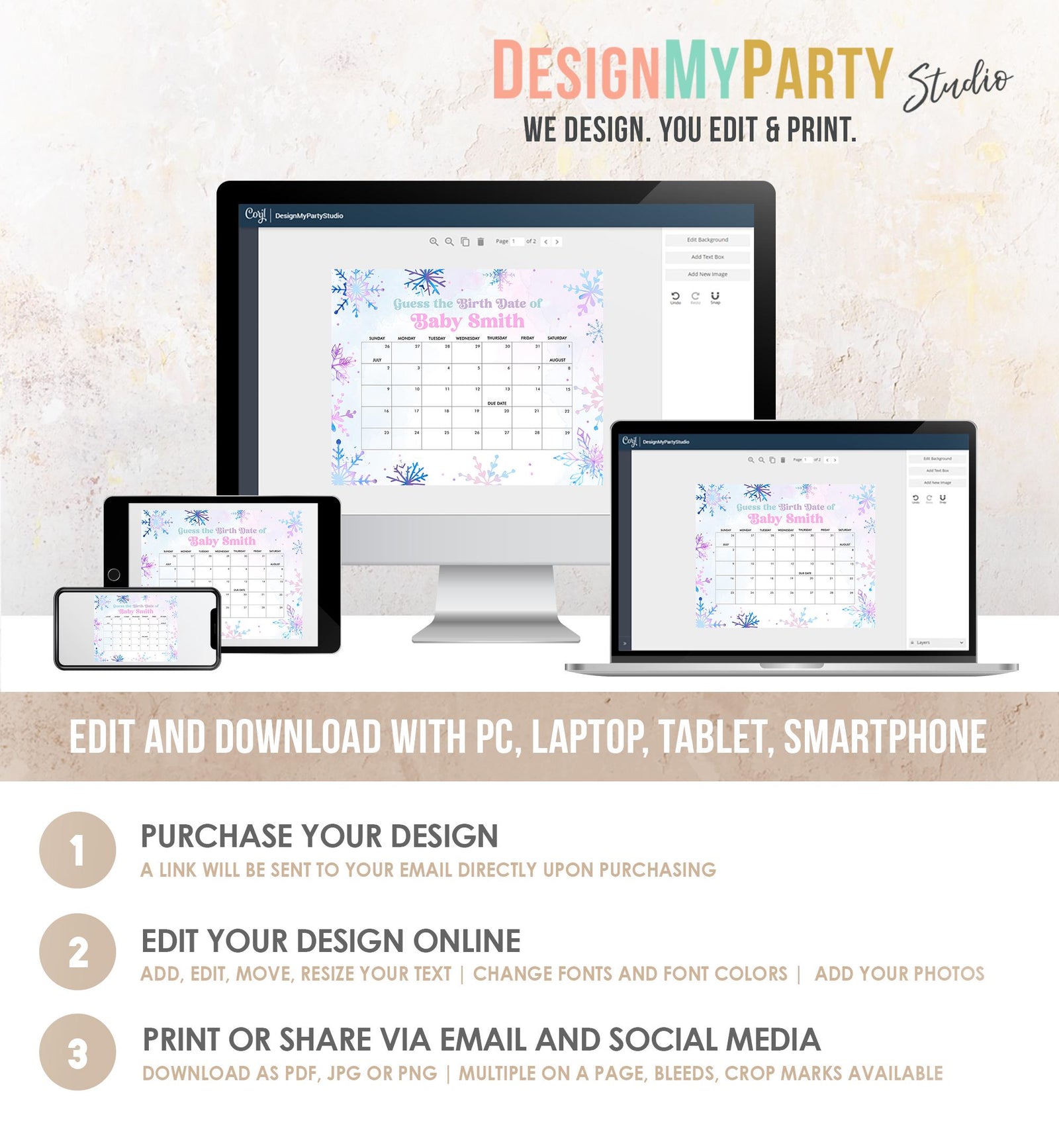 Editable Guess the Birth Date Baby Shower Game Guess Birthday Winter Wonderland Snowflakes Watercolor Pink Digital Template Printable 0518