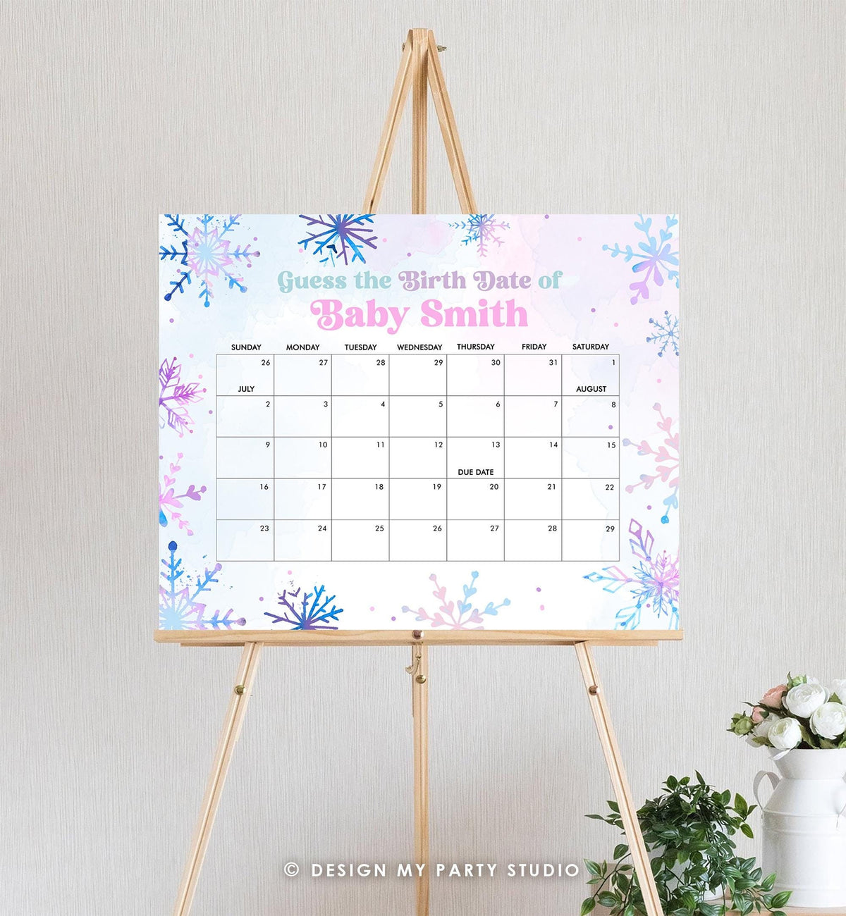 Editable Guess the Birth Date Baby Shower Game Guess Birthday Winter Wonderland Snowflakes Watercolor Pink Digital Template Printable 0518