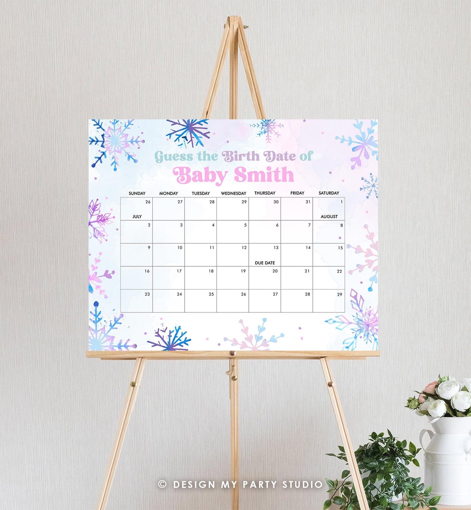 Editable Guess the Birth Date Baby Shower Game Guess Birthday Winter Wonderland Snowflakes Watercolor Pink Digital Template Printable 0518