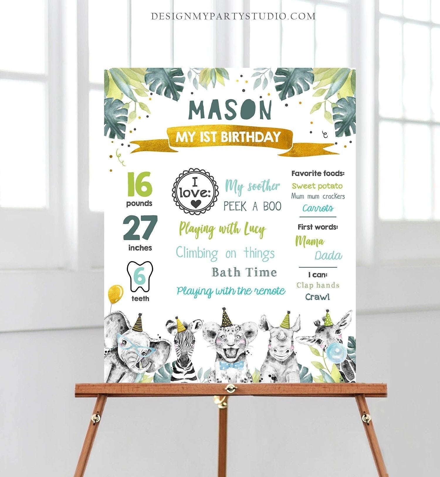 Editable Party Animals Birthday Milestone Sign Boy Gold Blue Green First Birthday 1st Safari Animals Wild Digital Template Printable 0322