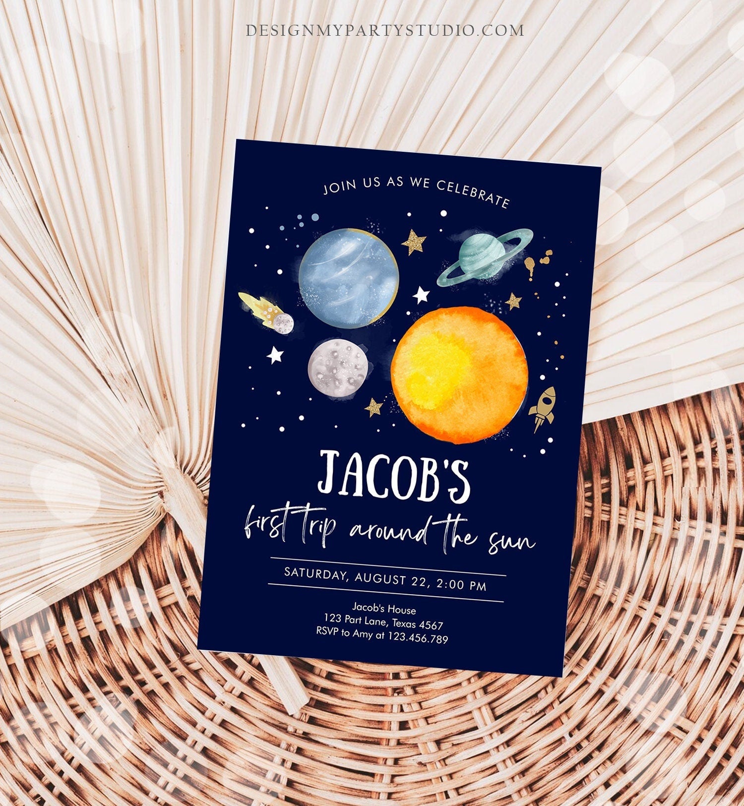 Editable Outer Space First Birthday Invitation Galaxy Blast Off First Trip Around the Sun Digital Download Template Printable 0357