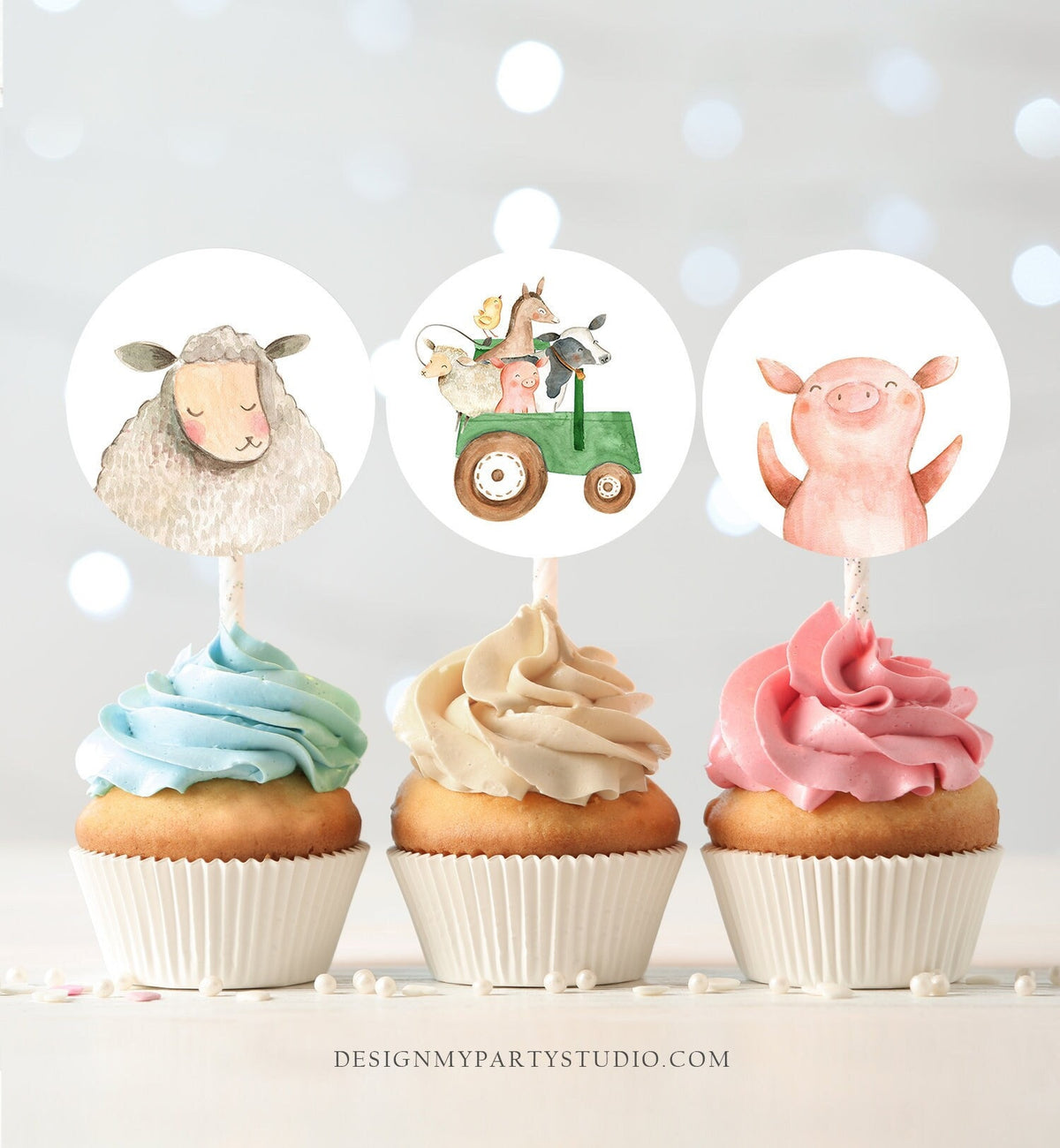 Farm Animals Baby Shower Cupcake Toppers Favor Tag Stickers Party Animals Birthday Decor Green Tractor Barn Digital Download Printable 0155