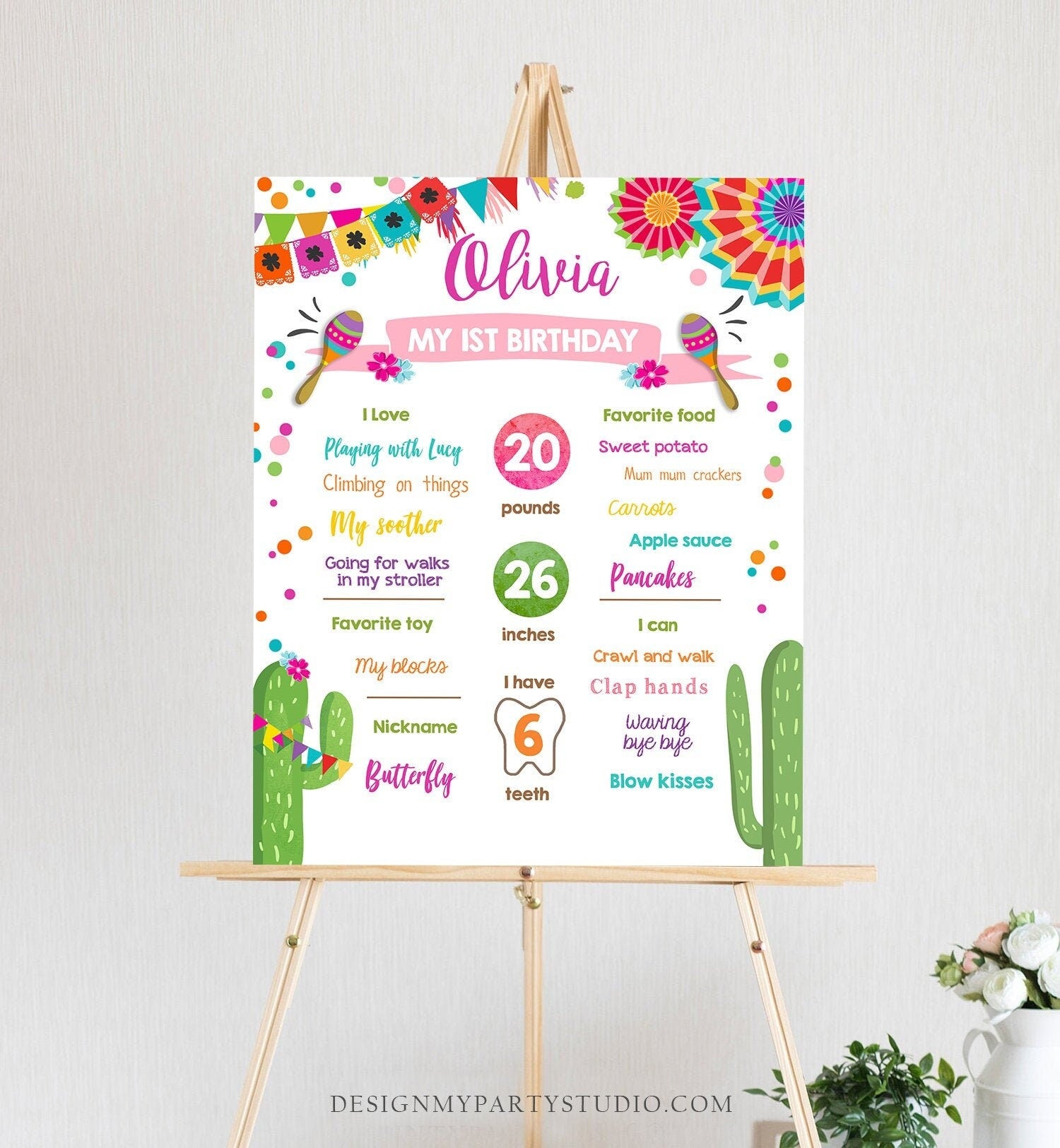 Editable First Fiesta Birthday Milestone Sign Girl Pink Birthday Poster 1st Birthday Mexican Cactus Digital Download Template Printable 0045