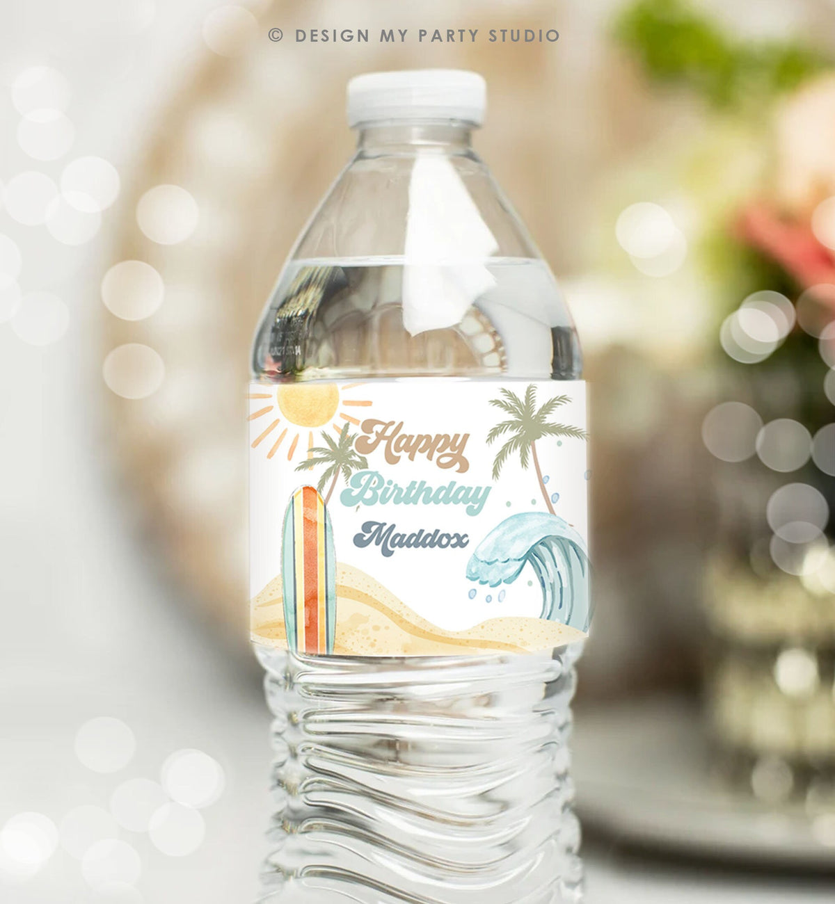 Editable Surf Water Bottle Label The Big One Party Decor Surf 1st Birthday Retro Boy Surfboard Surfing Digital Template Printable 0433