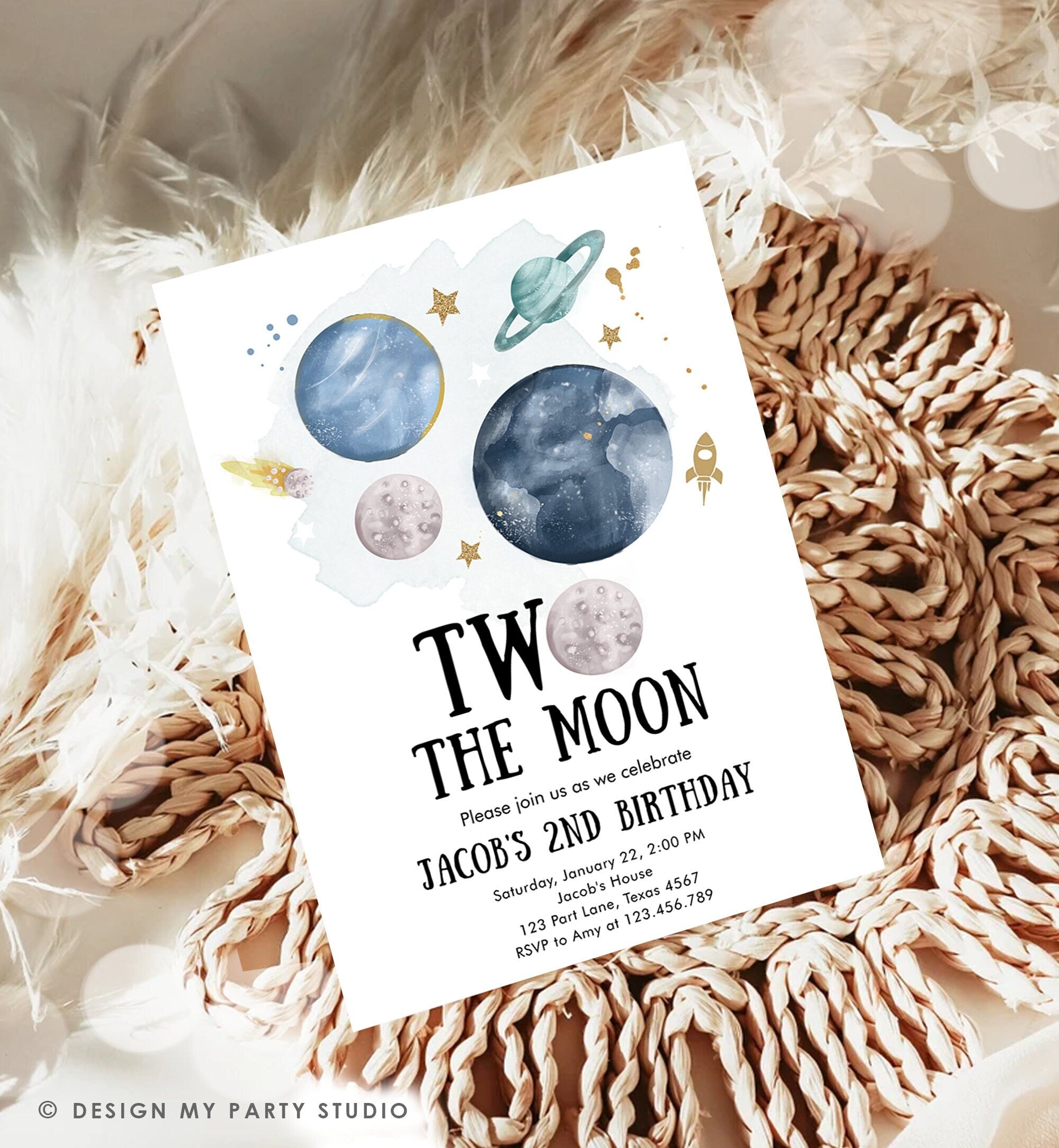 Editable Two the Moon 2nd Second Birthday Invitation Space Planets Rocket Astronaut Galaxy Digital Download Evite Template Printable 0357
