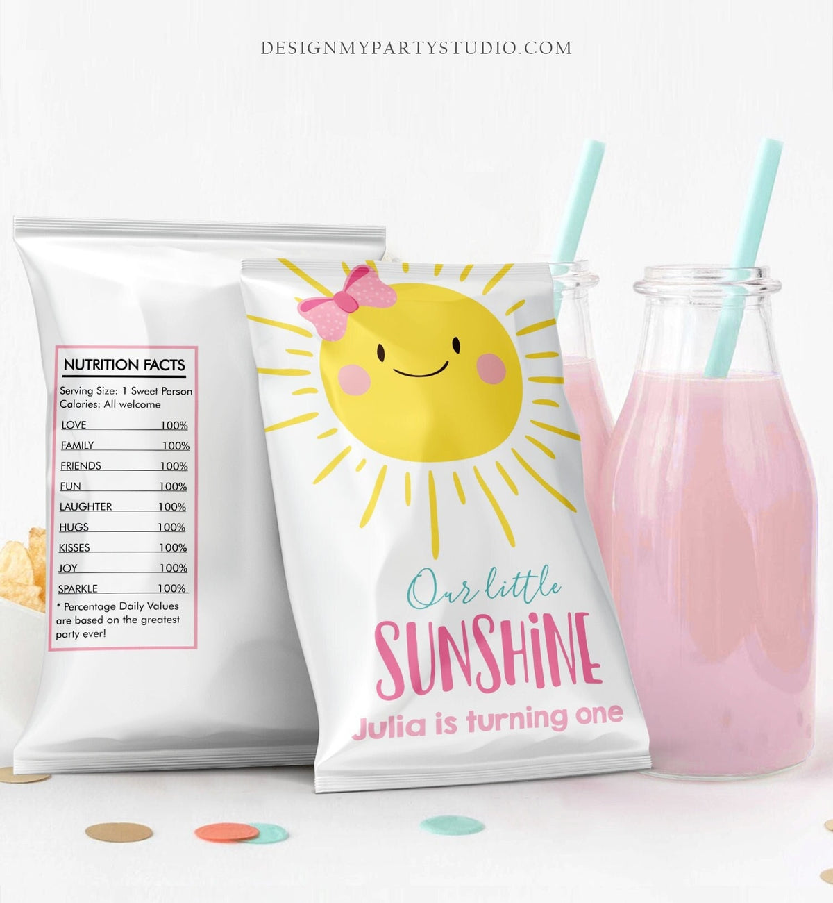 Editable Our Little Sunshine Chip Bag Sun Birthday Party 1st First Trip Around the Sun Girl Pink Digital Download Template Printable 0141