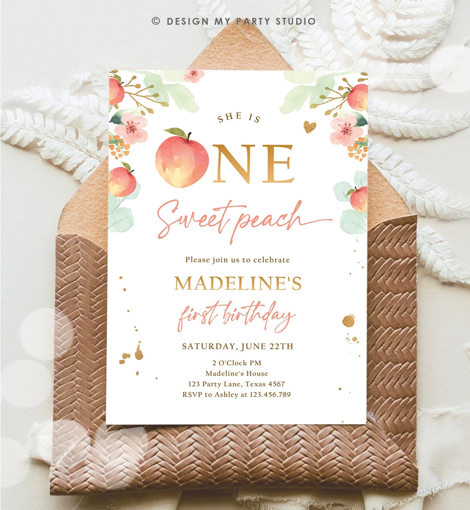 Editable One Sweet Peach First Birthday Invitation 1st Birthday Sweet Peach Girl Boho Peaches Digital Download Evite Template Printable 0401
