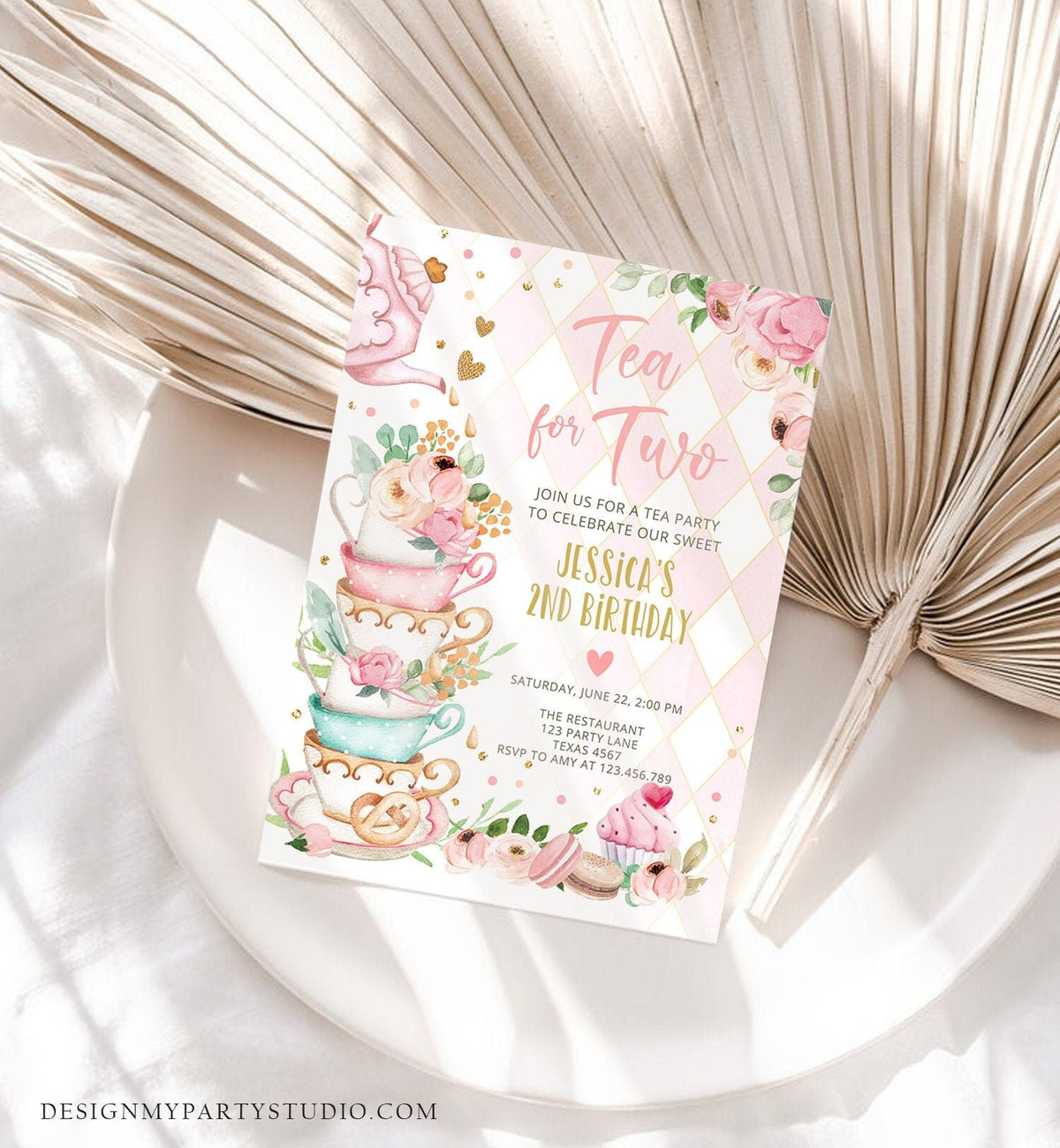 Editable Tea for Two Birthday Invitation Girl Tea Party Invite Pink Gold Floral Peach Pink Digital Download Evite Template Printable 0349