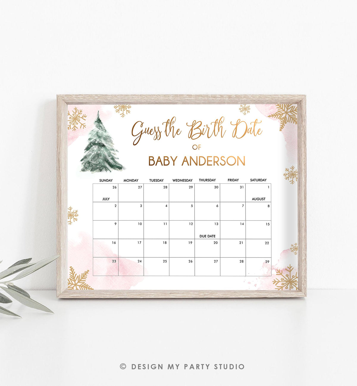 Editable Guess the Birth Date Baby Shower Game Guess Birthday Winter Christmas Tree Watercolor Pink Gold Digital Template Printable 0363