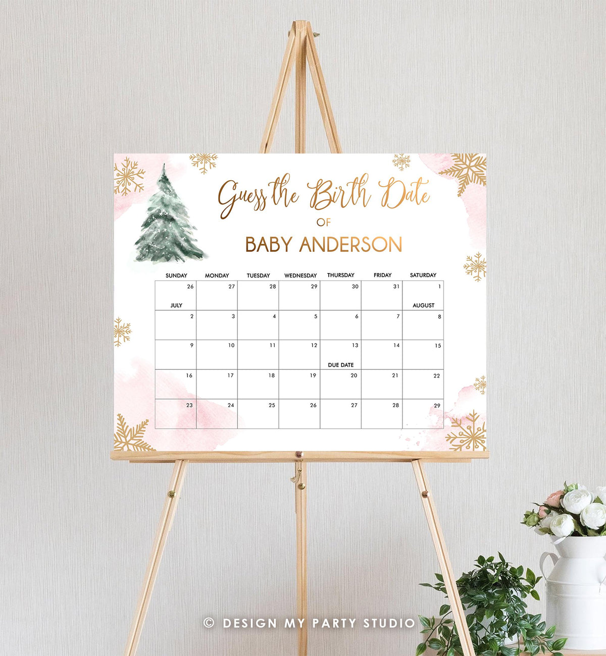 Editable Guess the Birth Date Baby Shower Game Guess Birthday Winter Christmas Tree Watercolor Pink Gold Digital Template Printable 0363