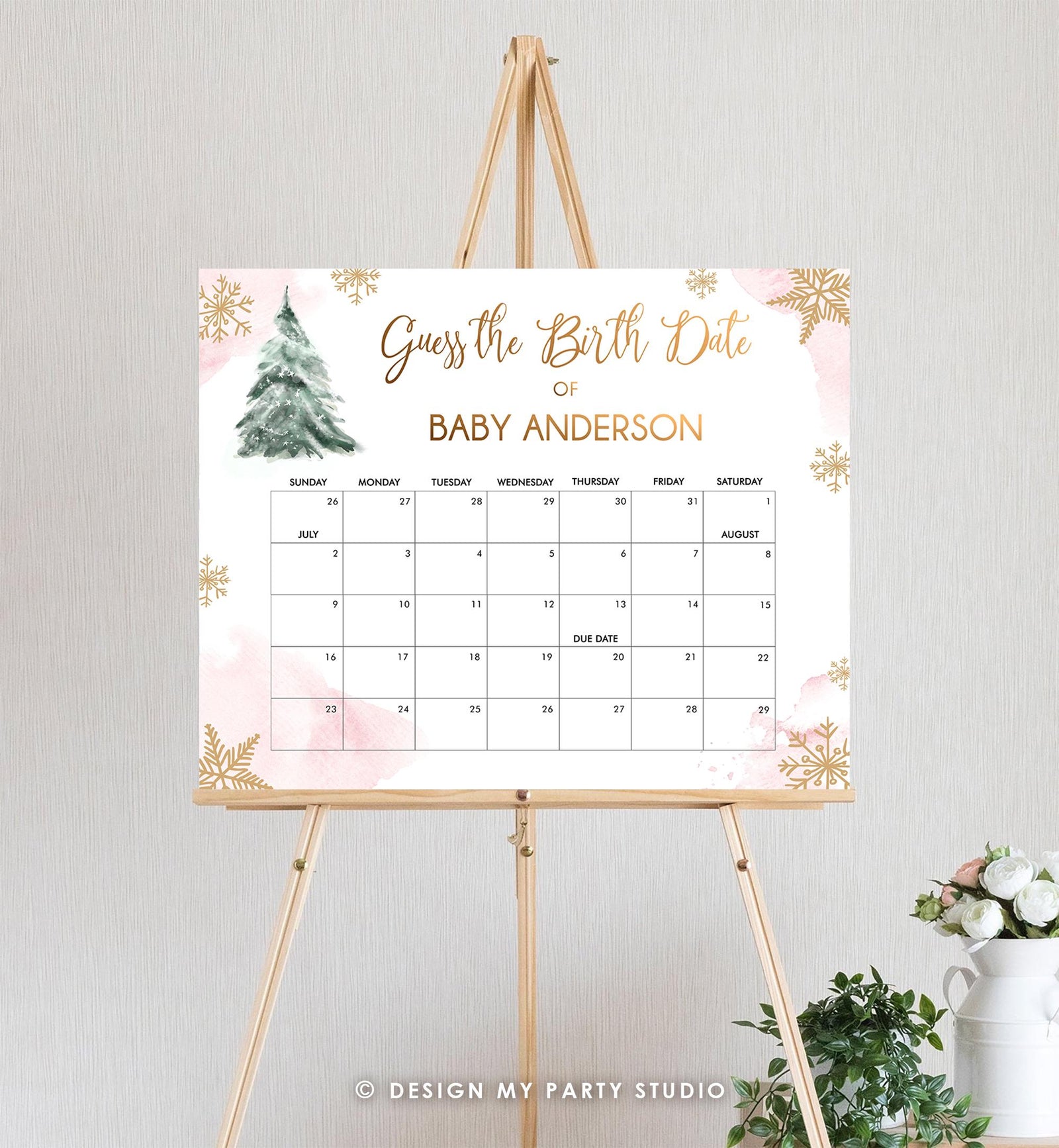Editable Guess the Birth Date Baby Shower Game Guess Birthday Winter Christmas Tree Watercolor Pink Gold Digital Template Printable 0363