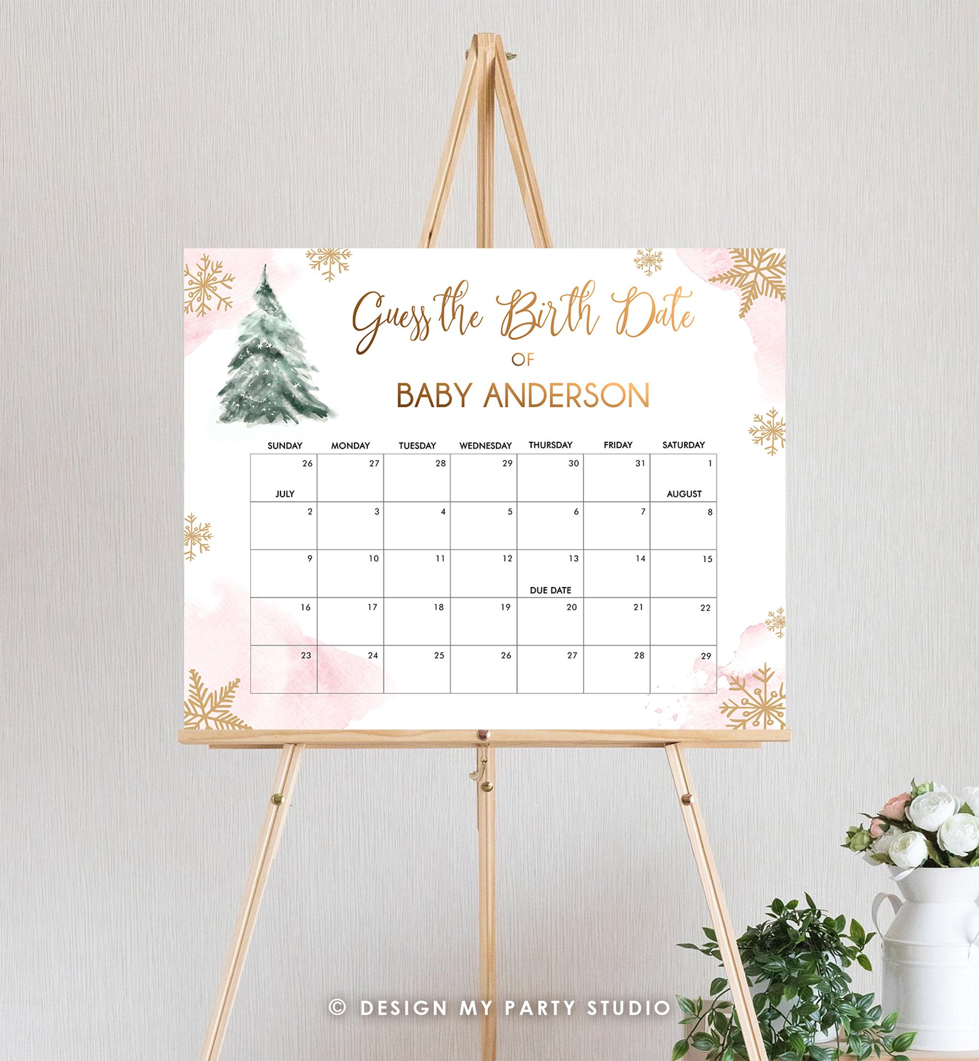 Editable Guess the Birth Date Baby Shower Game Guess Birthday Winter Christmas Tree Watercolor Pink Gold Digital Template Printable 0363
