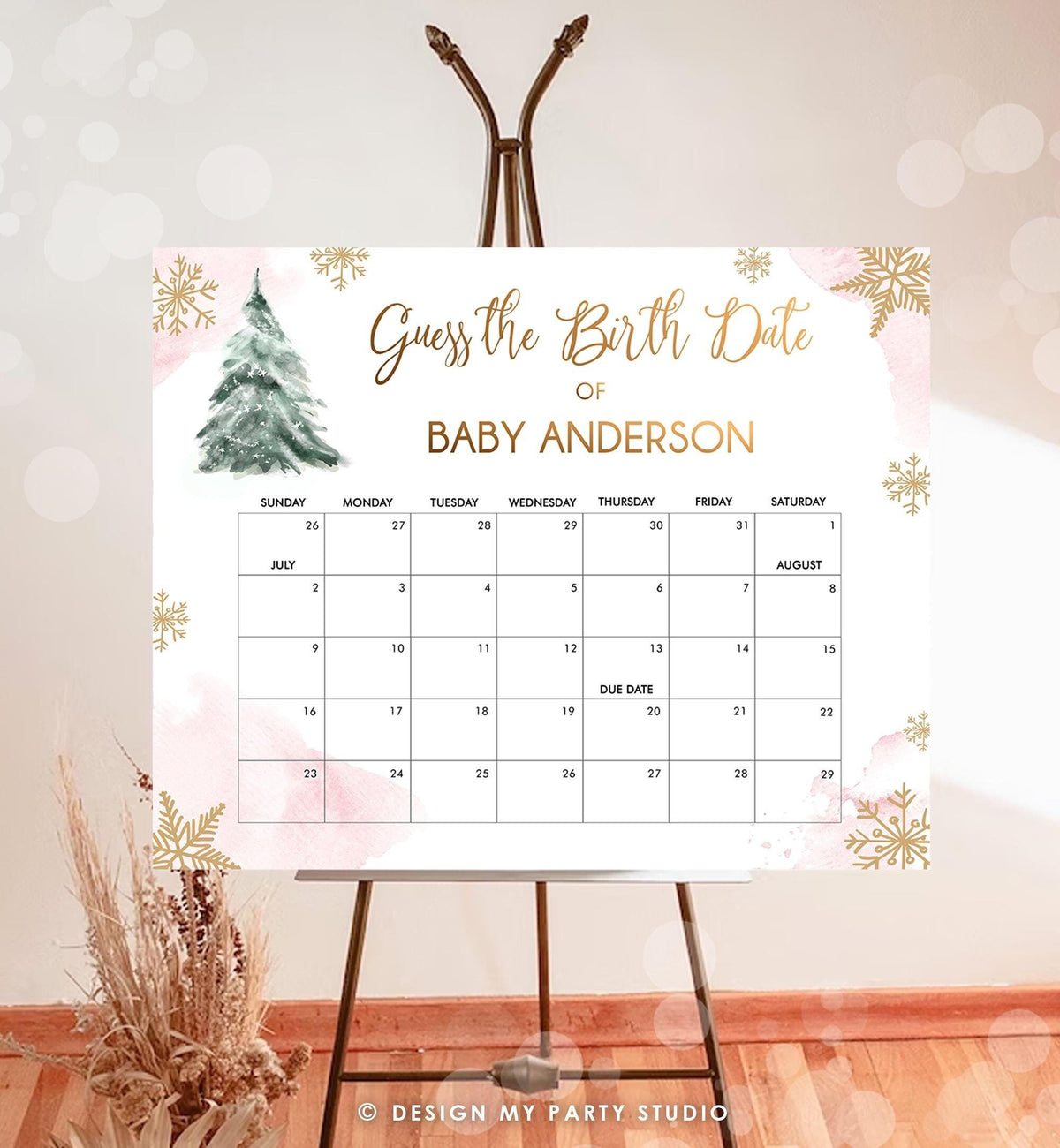 Editable Guess the Birth Date Baby Shower Game Guess Birthday Winter Christmas Tree Watercolor Pink Gold Digital Template Printable 0363