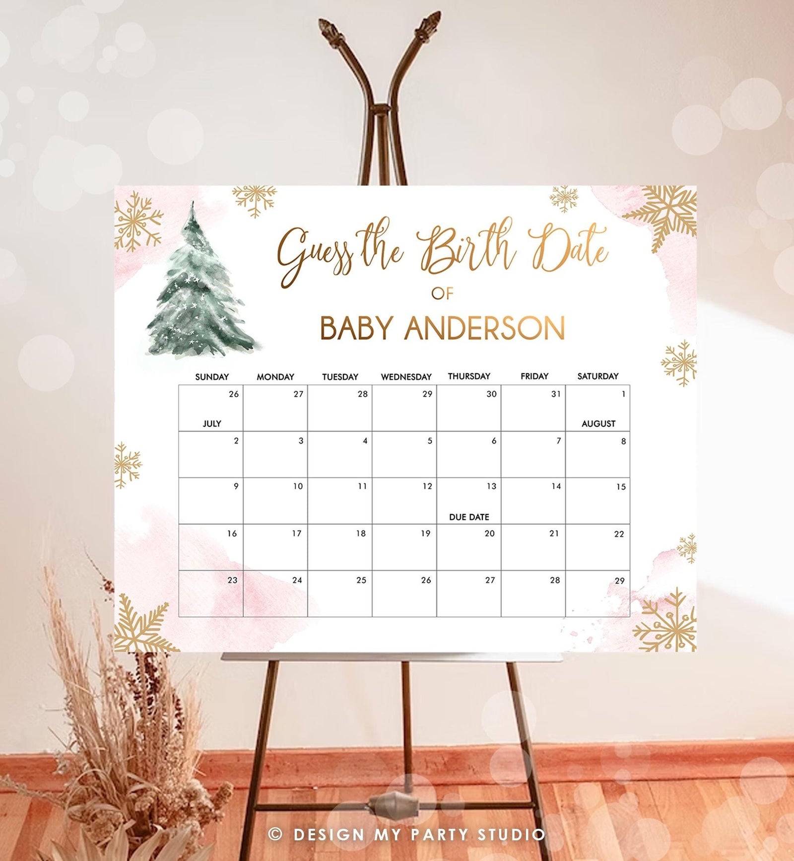 Editable Guess the Birth Date Baby Shower Game Guess Birthday Winter Christmas Tree Watercolor Pink Gold Digital Template Printable 0363