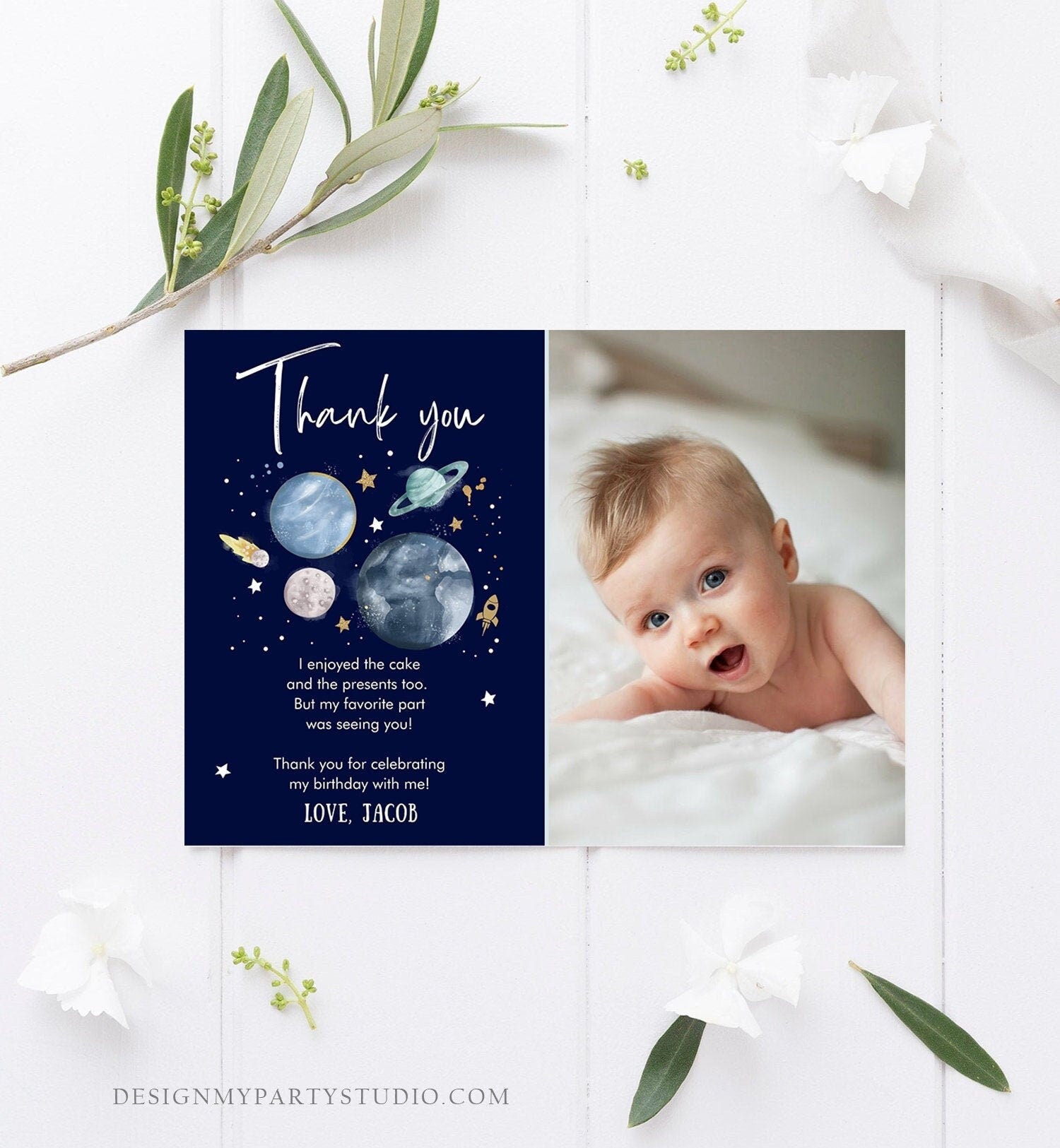 Editable Space Thank You Card Space Astronaut Birthday Boy To the Moon Galaxy Thank You Note Digital Download Template Printable 0357