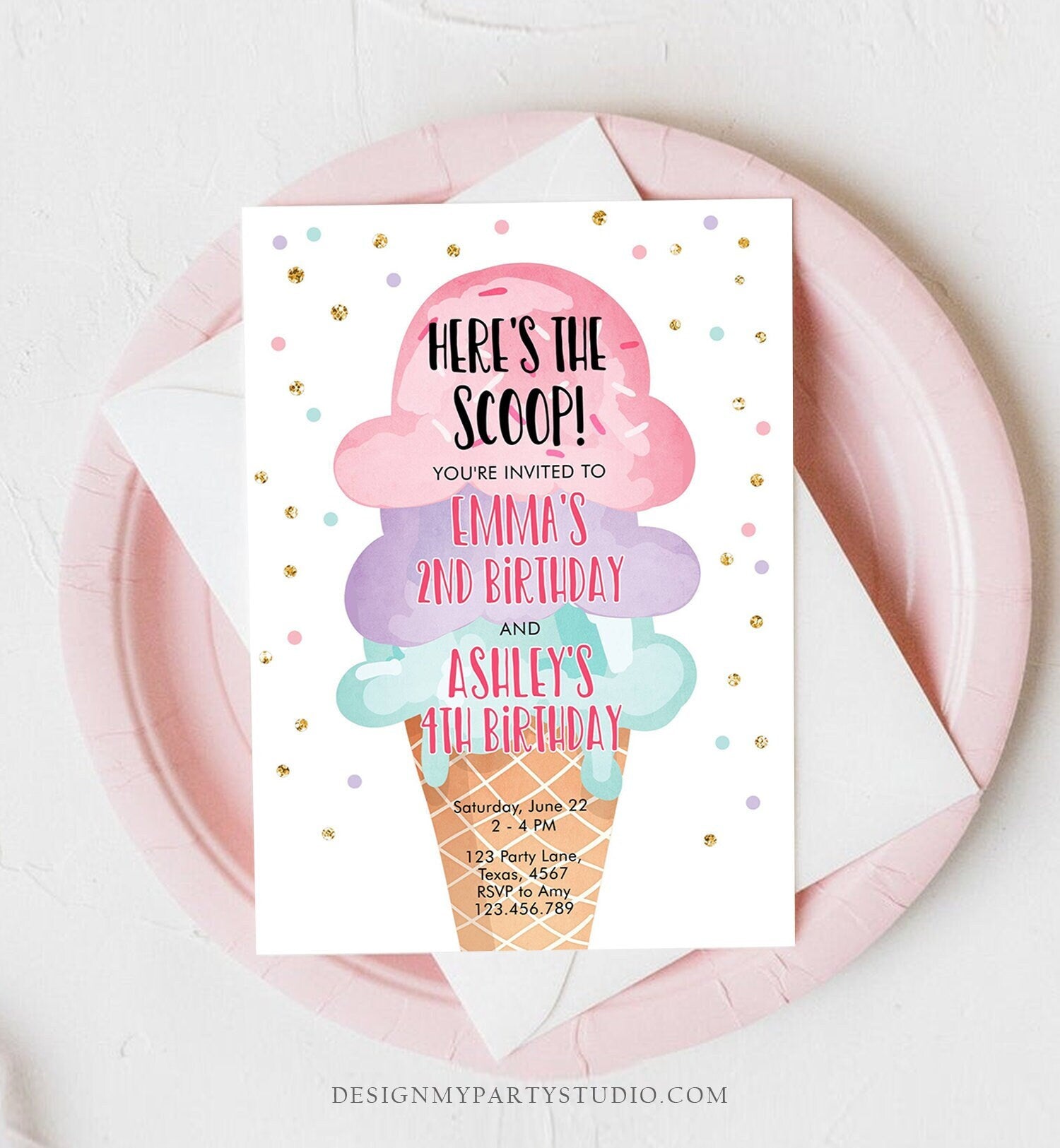 Editable Ice Cream Birthday Invitation Coed Joint Sisters Party Here's the Scoop Cone Pink Mint Gold Purple Digital Template Printable 0243