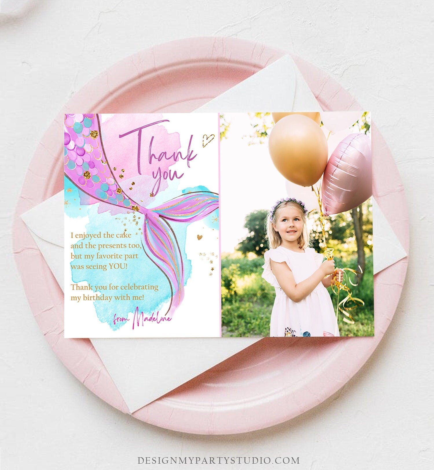 Editable Mermaid Thank You Card Girl Under the Sea Birthday Party Thank You Note Purple Gold Digital Download Template Printable 0403