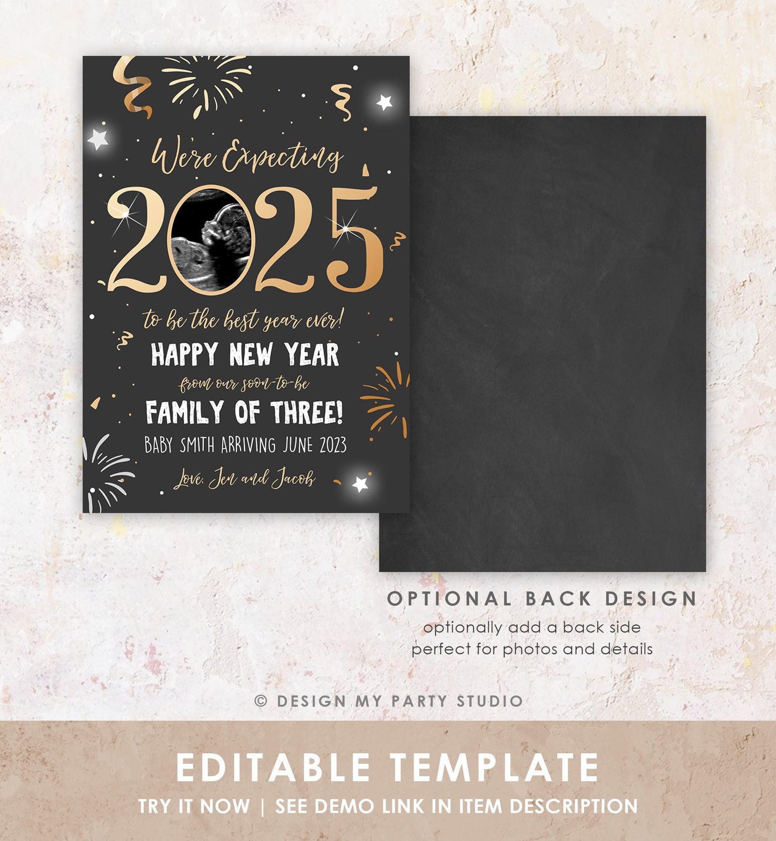 Editable New Year Pregnancy Reveal Card Pregnancy Announcement New Years 2025 Ultrasound Card Instant Download Digital Corjl Template 0280