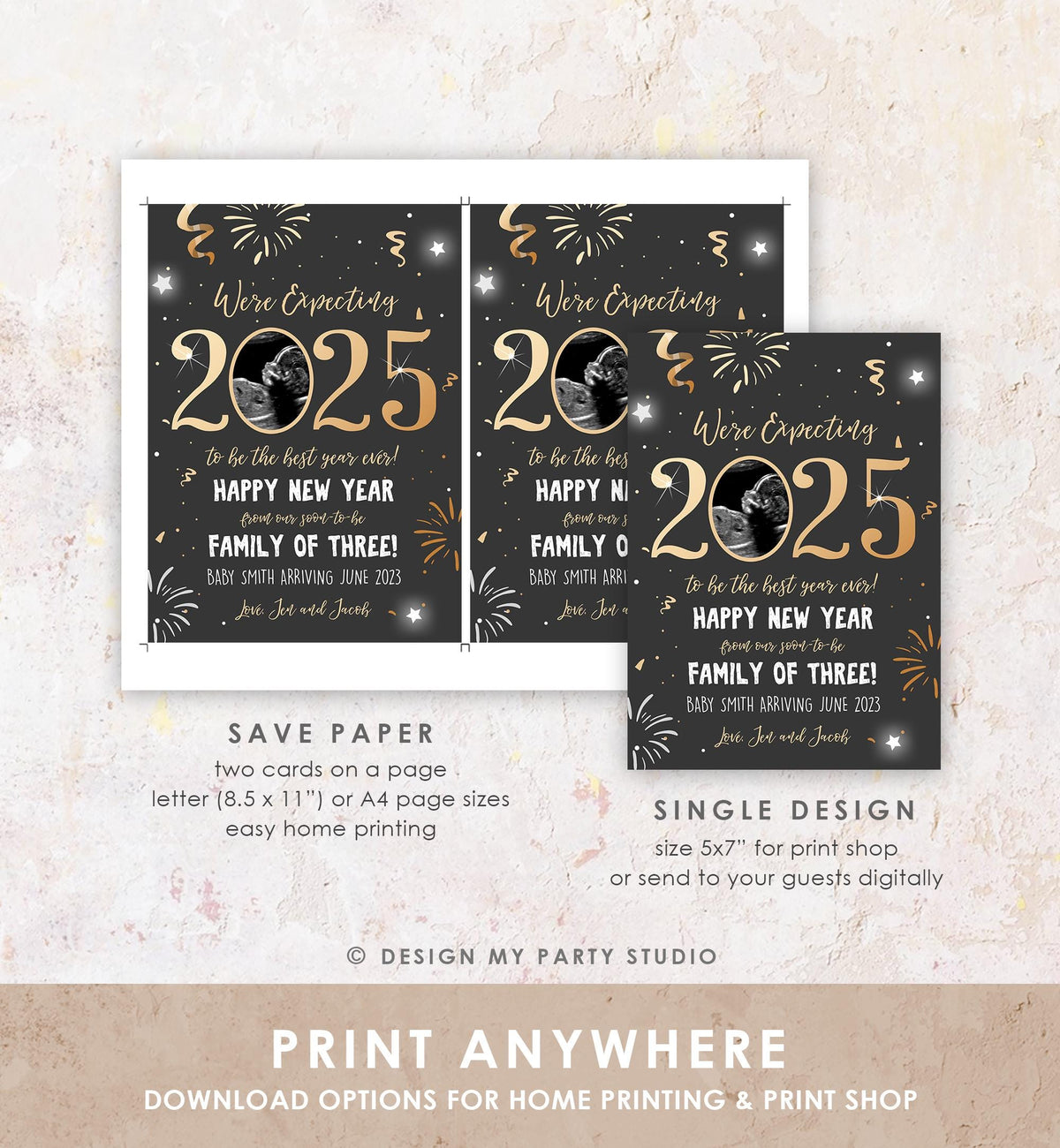 Editable New Year Pregnancy Reveal Card Pregnancy Announcement New Years 2025 Ultrasound Card Instant Download Digital Corjl Template 0280