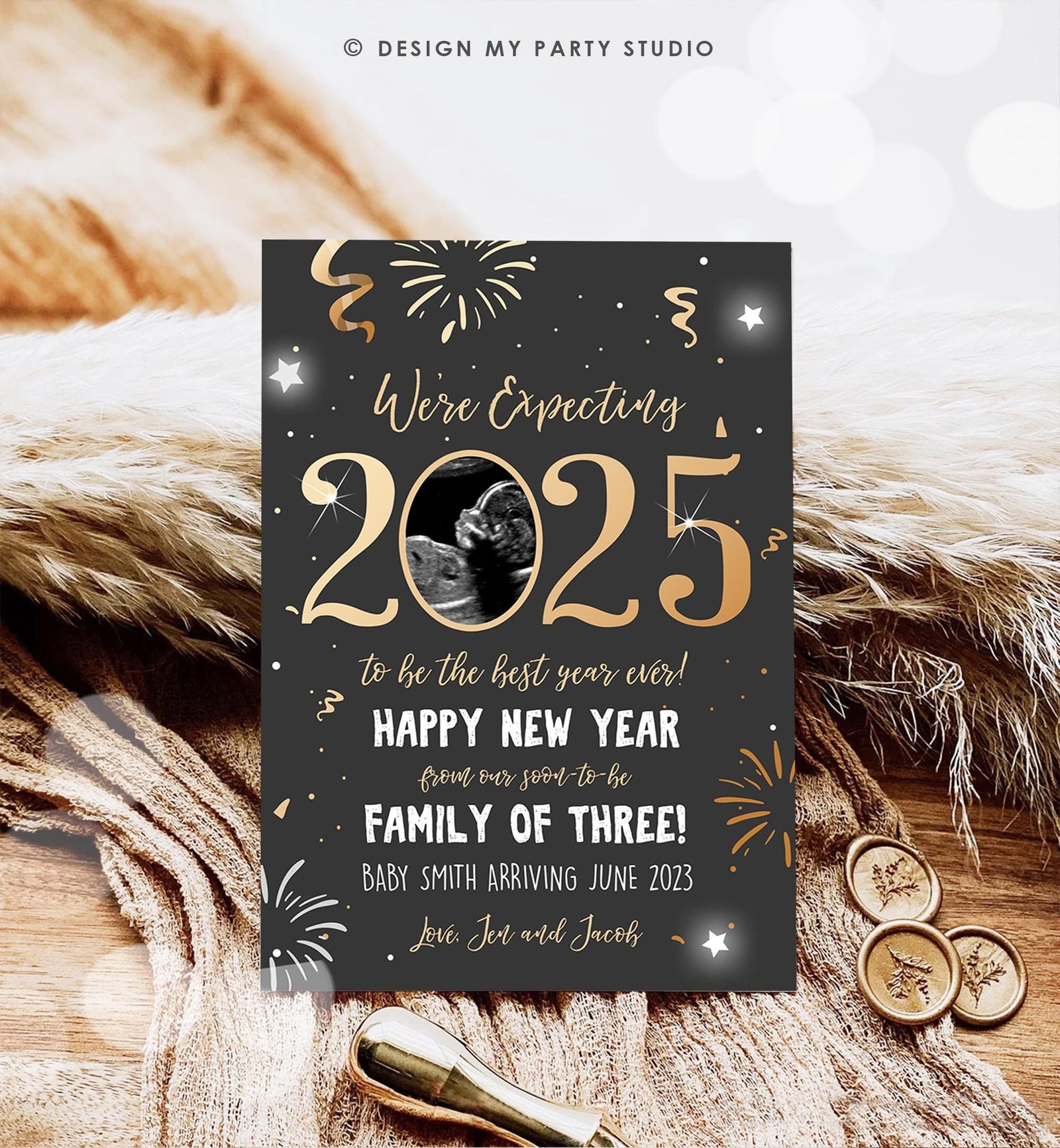 Editable New Year Pregnancy Reveal Card Pregnancy Announcement New Years 2025 Ultrasound Card Instant Download Digital Corjl Template 0280