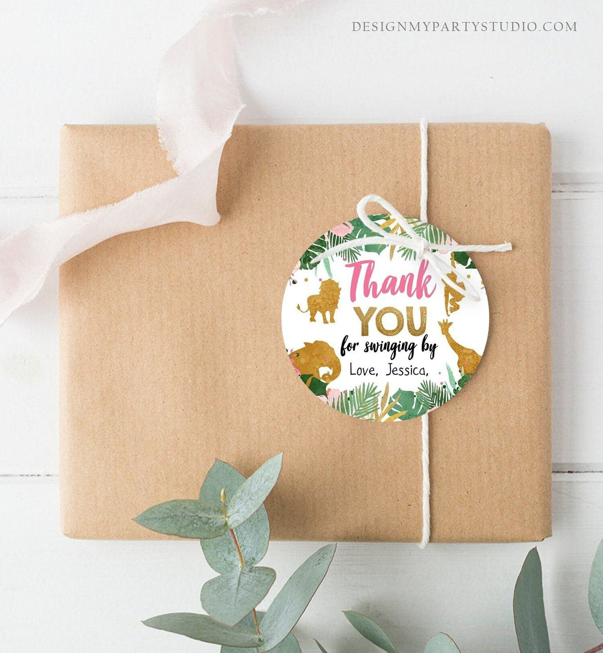 Editable Safari Animals Favor Tag Thank You Wild One Party Animals Pink Gold Girl Pink Swinging By Sticker Digital Template Printable 0016