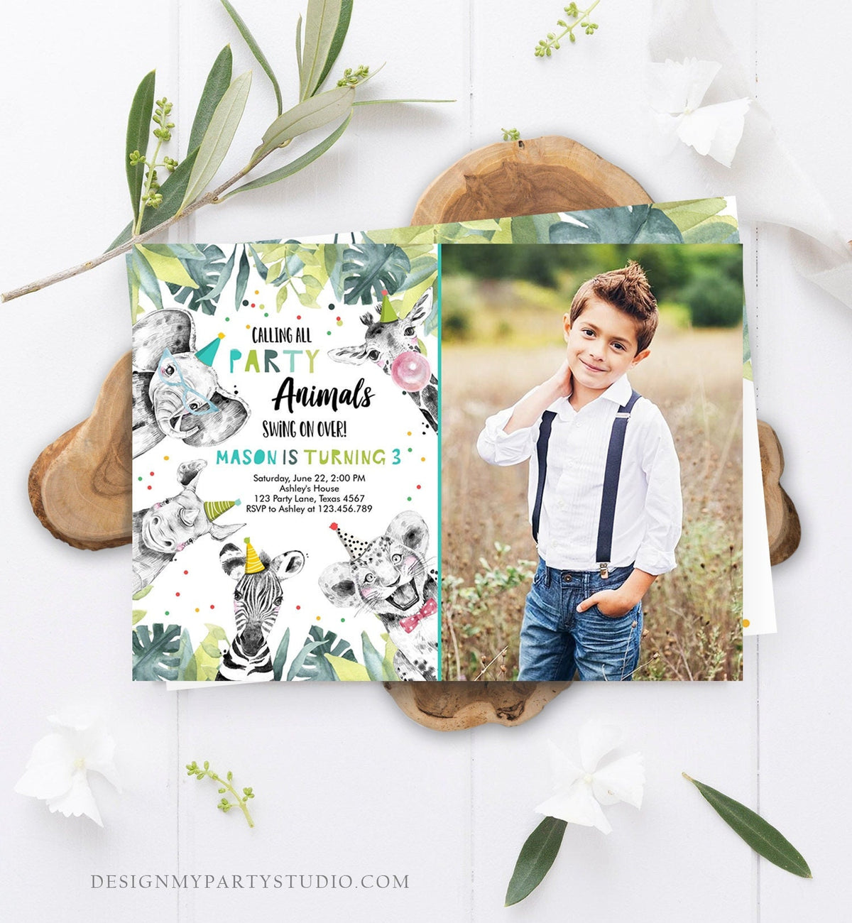 Editable Party Animals Birthday Invitation Wild One Animals Invitation Zoo Safari Animals Boy Digital Download Template Printable 0322
