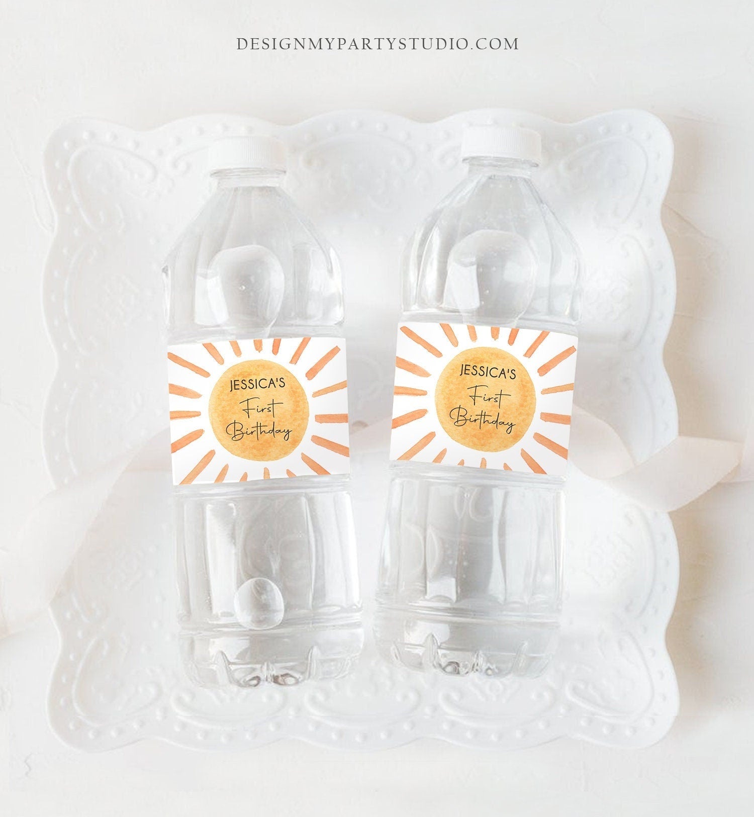 Editable Sunshine Water Bottle Label First Trip Around the Sun Birthday Decor Summer Neutral Sun Bottle Digital Template Printable 0431