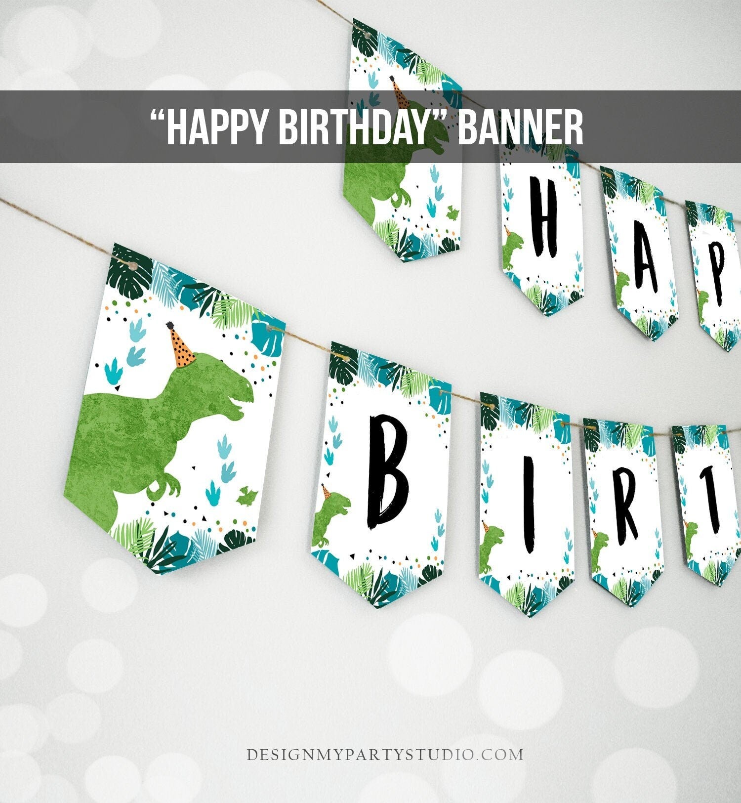 Dinosaur Happy Birthday Banner Boy Birthday Banner Green Blue Dino Prehistoric Dinosaur Decor Instant Digital Download Printable 0389