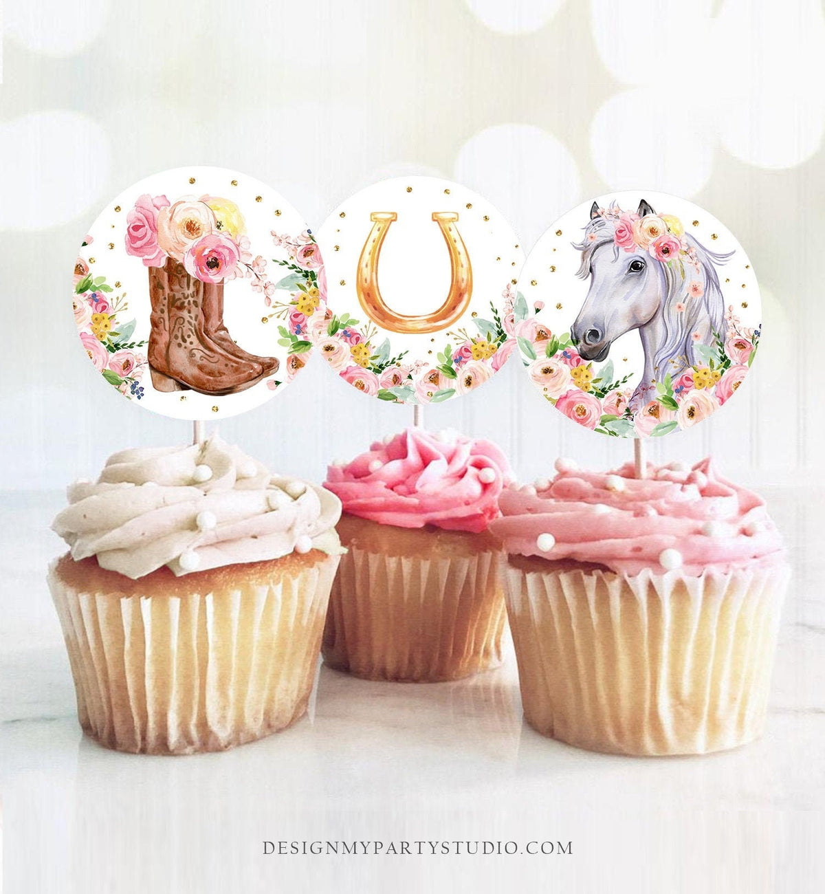 Horse Cupcake Toppers Favor Tags Girl Saffle Up Pony Birthday Party Decoration Cowgirl Floral Horse Pink Download Digital Printable 0408