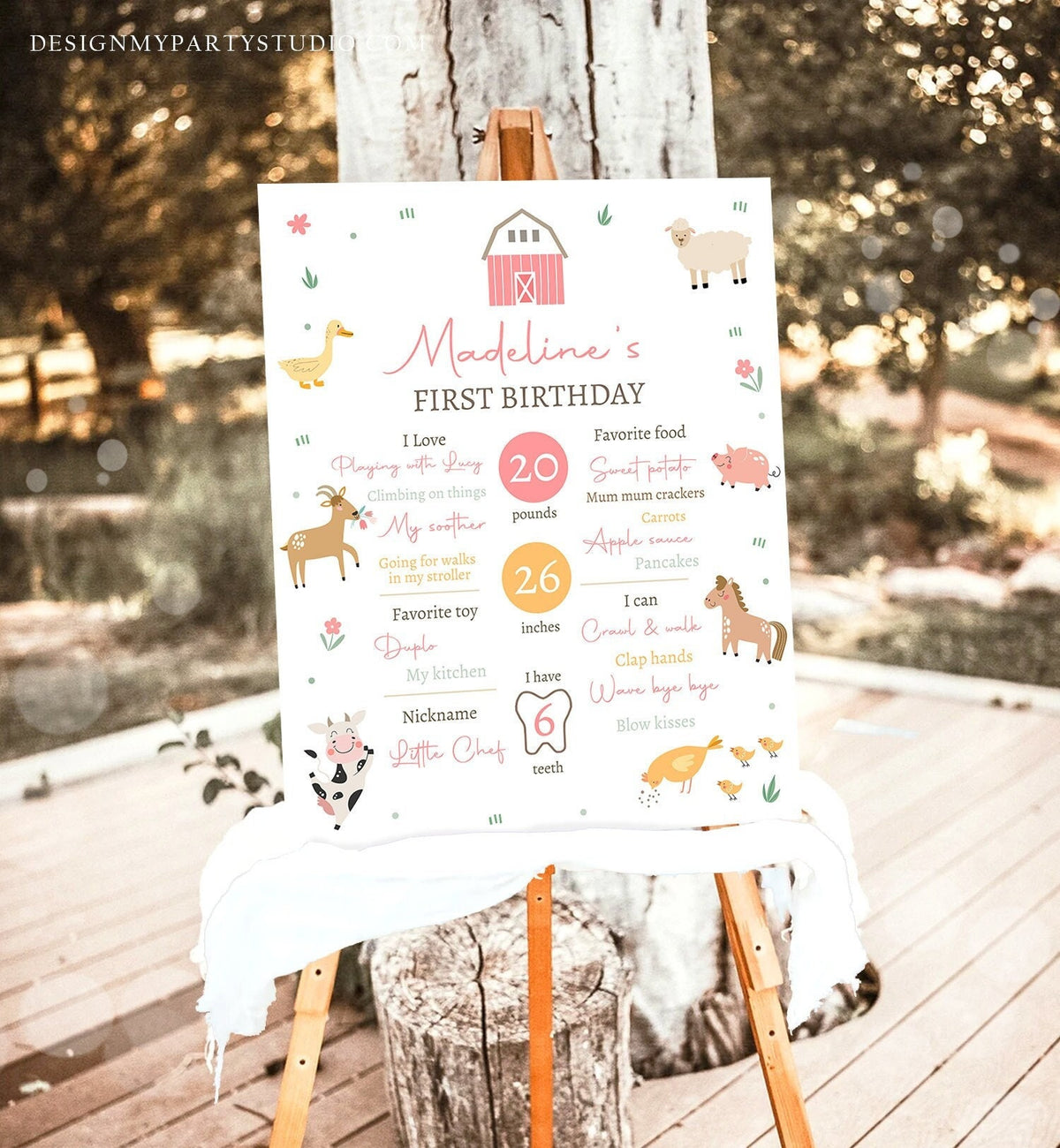 Editable Farm Animals Birthday Milestone Sign Girl Pink Farm Minimalist Barnyard Bash Barnyard Sign Floral Digital Template Printable 0436