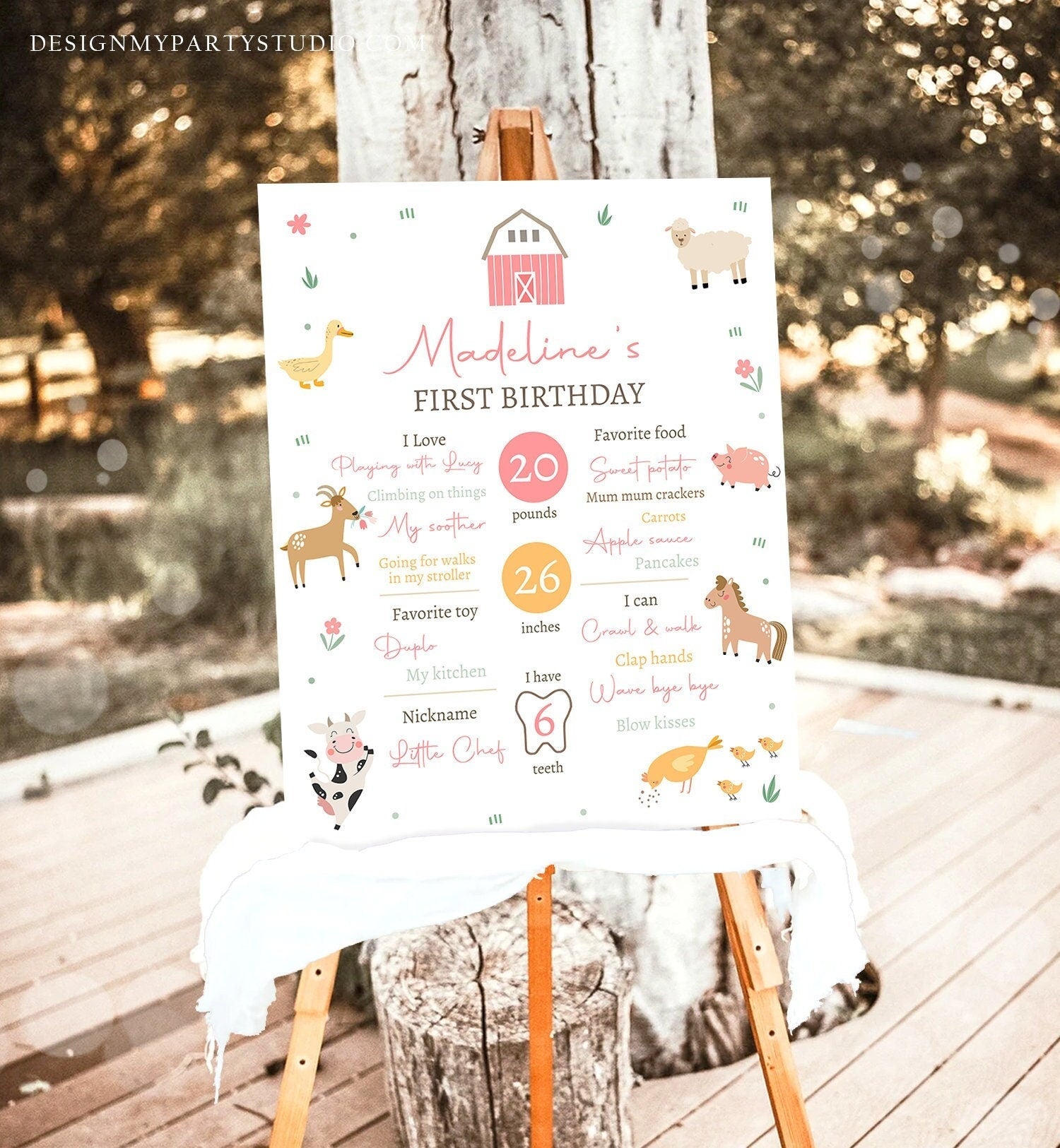 Editable Farm Animals Birthday Milestone Sign Girl Pink Farm Minimalist Barnyard Bash Barnyard Sign Floral Digital Template Printable 0436