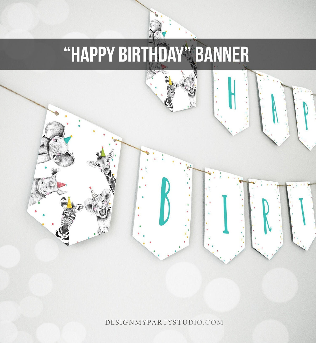 Safari Animals Happy Birthday Banner Pink Party Animals Wild One Birthday Boy Zoo Decorations Instant Digital Download Printable 0390