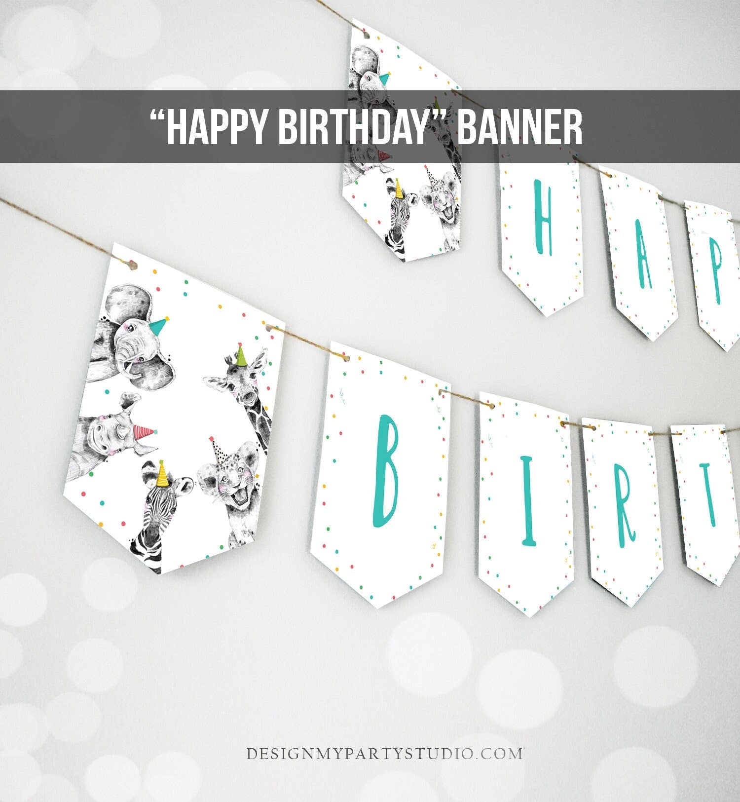 Safari Animals Happy Birthday Banner Pink Party Animals Wild One Birthday Boy Zoo Decorations Instant Digital Download Printable 0390