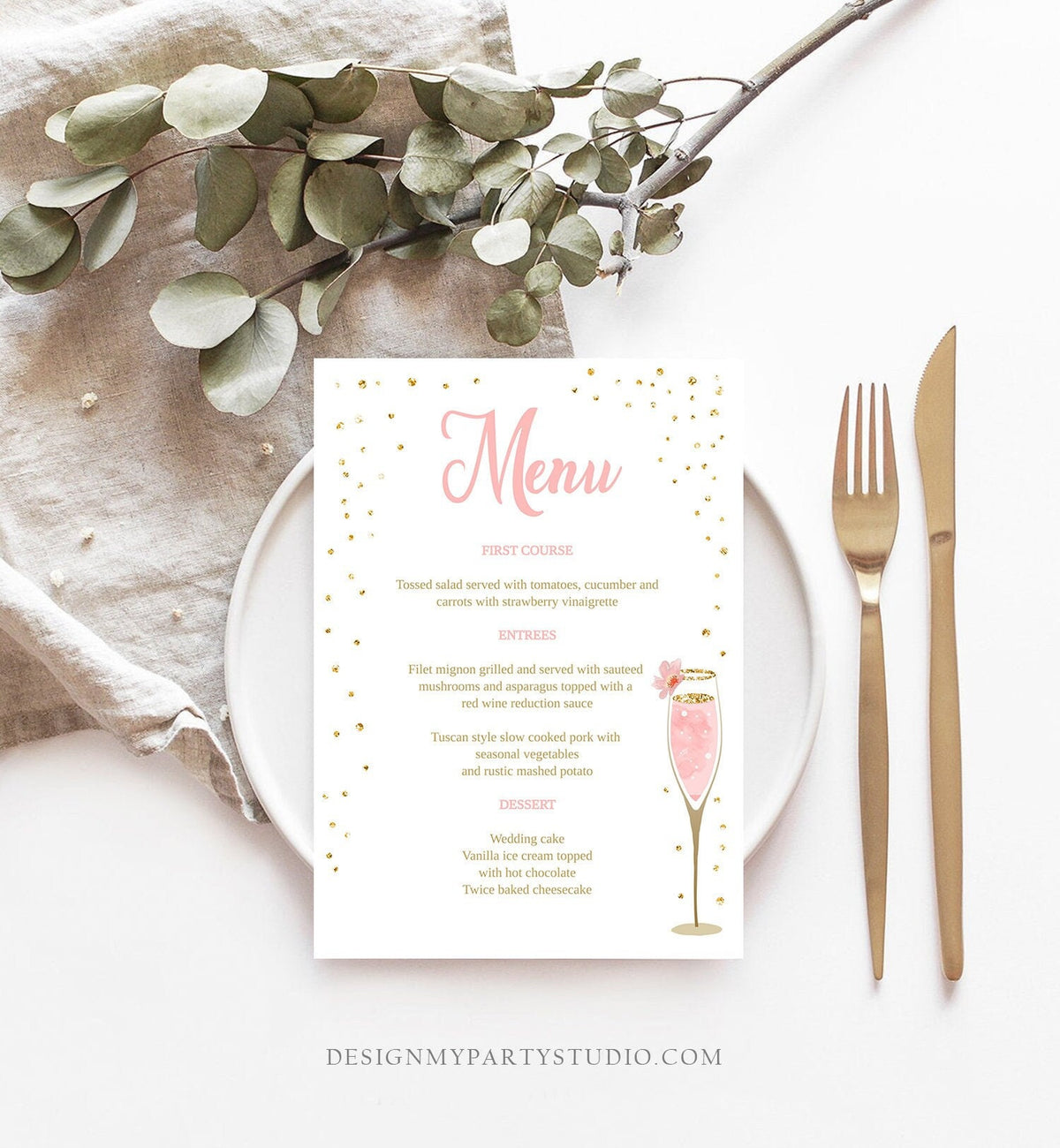 Editable Brunch and Bubbly Menu Card Bridal Shower Pink Champagne Gold Confetti Wedding Menu Floral Digital Download Template Printable 0150