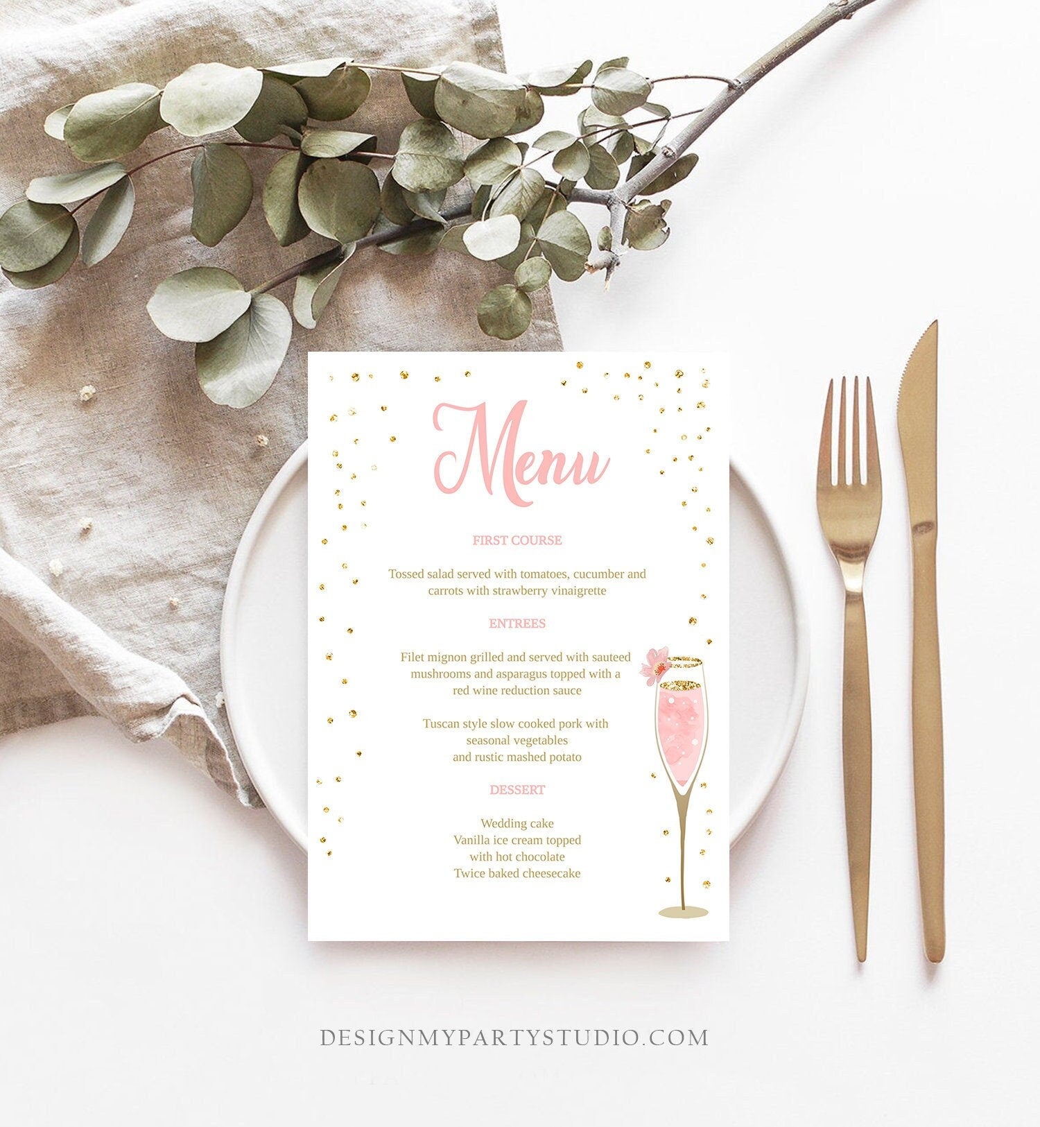 Editable Brunch and Bubbly Menu Card Bridal Shower Pink Champagne Gold Confetti Wedding Menu Floral Digital Download Template Printable 0150