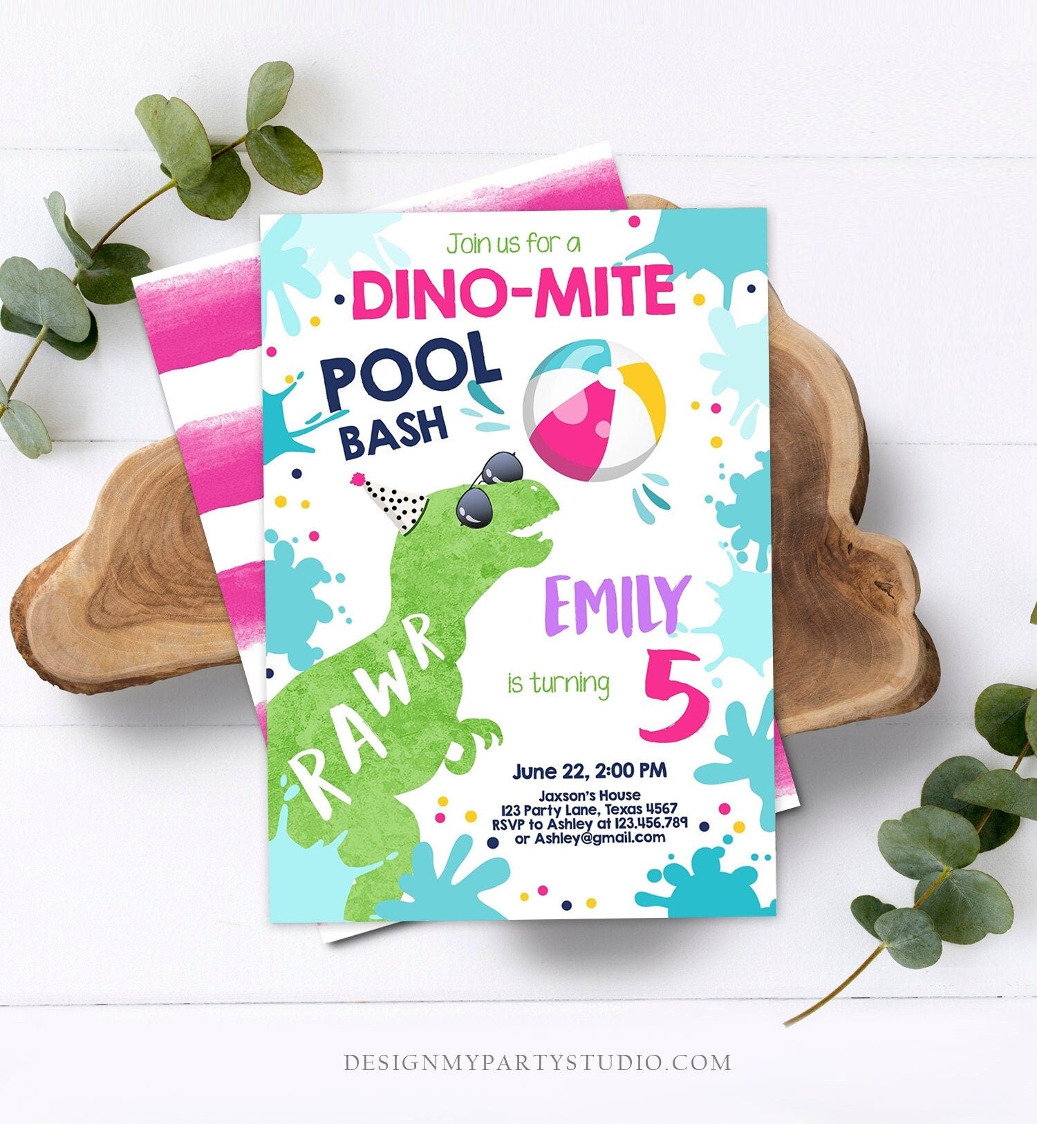 Editable Dinosaur Pool Party Birthday Invitation Dino-Mite Summer Splish Splash Dino T-Rex Girl Digital Download Template Printable 0305