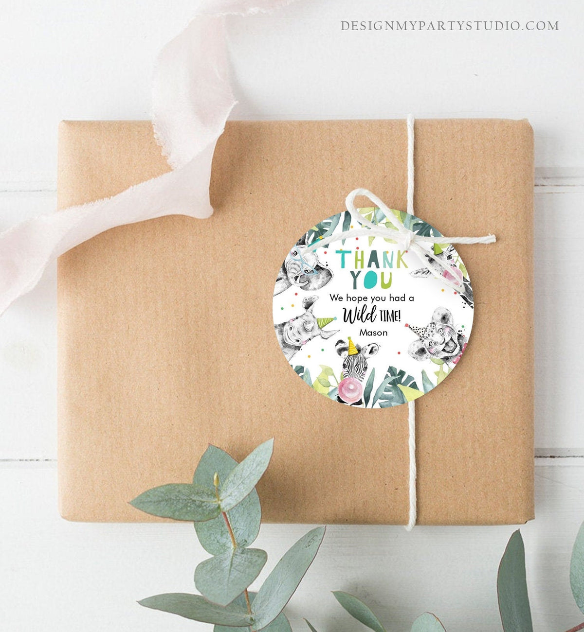 Editable Party Animals Favor Tag Wild One Safari Animals Thank You Wild Time Zoo Gift Boy Birthday Stickers Digital Template Printable 0322