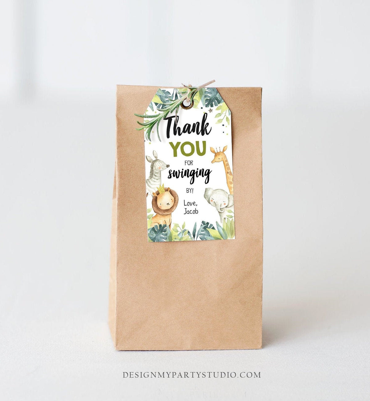 Editable Safari Animals Favor Tag Wild One Birthday Thank You Zoo Jungle Boy Gold Green Swinging By Digital Template Printable 0163