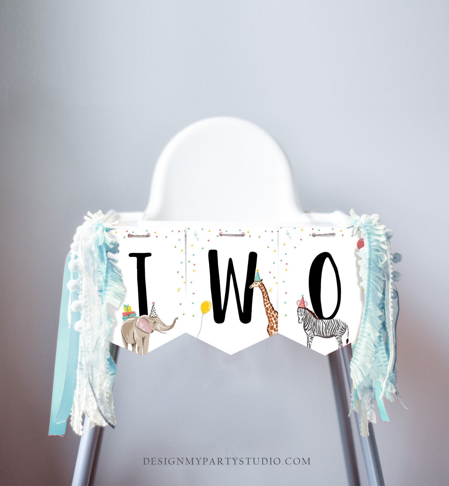 Safari Animals High Chair Banner TWO Party Animals Banner 2nd Second Birthday Decor Boy Girl Instant Digital Download Printable 0142